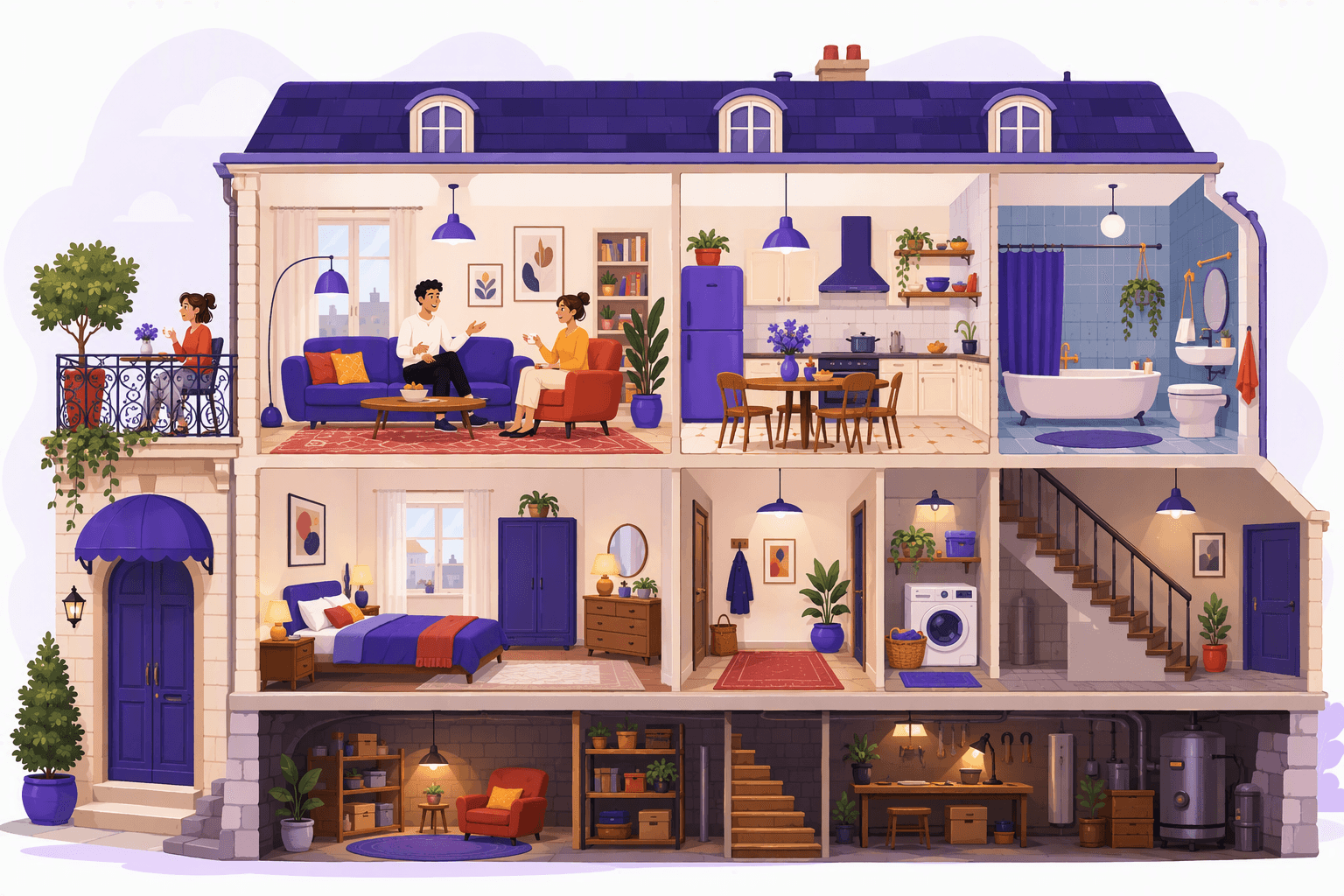Flat-vector cutaway scene of a French apartment displaying multiple rooms and common household furniture, appliances, fixtures, and balcony and basement details.