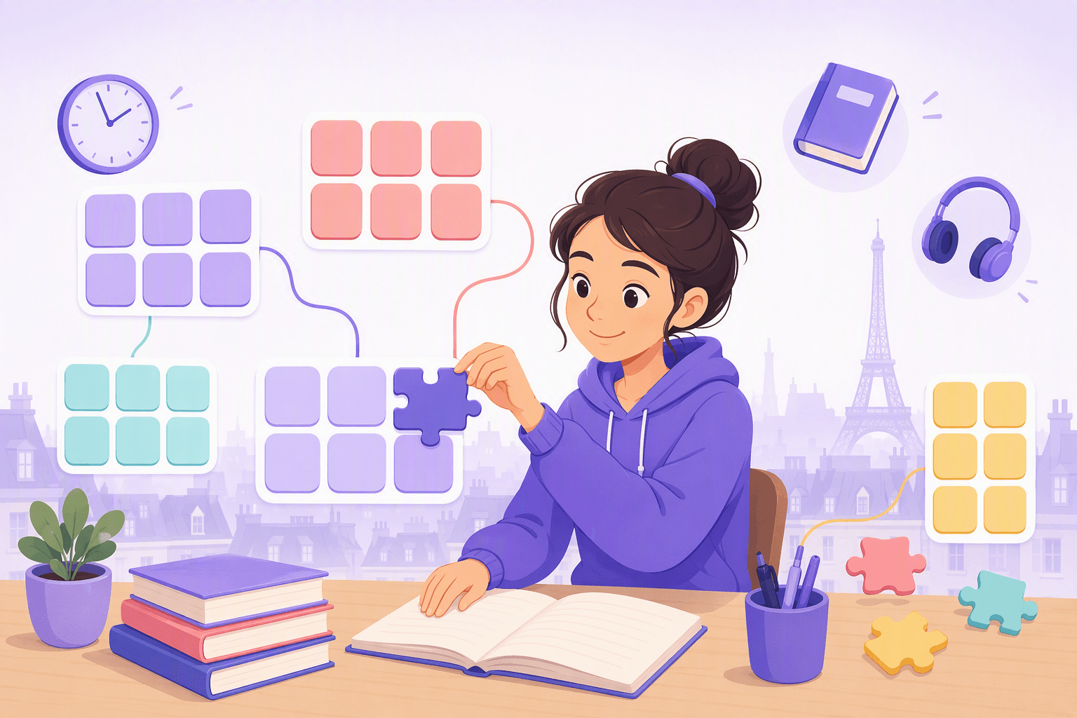 Illustration of a French learner grouping irregular verb forms into families of matching tiles, with a Paris skyline in the background