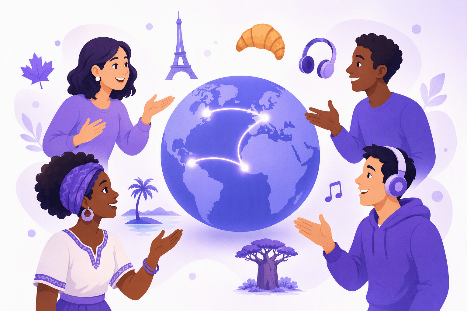 Ilustrace francouzštiny jako celosvětového jazyka: glóbus propojující Evropu, západní Afriku, Kanadu a Karibik, obklopený usmívajícími se studenty a mluvčími
