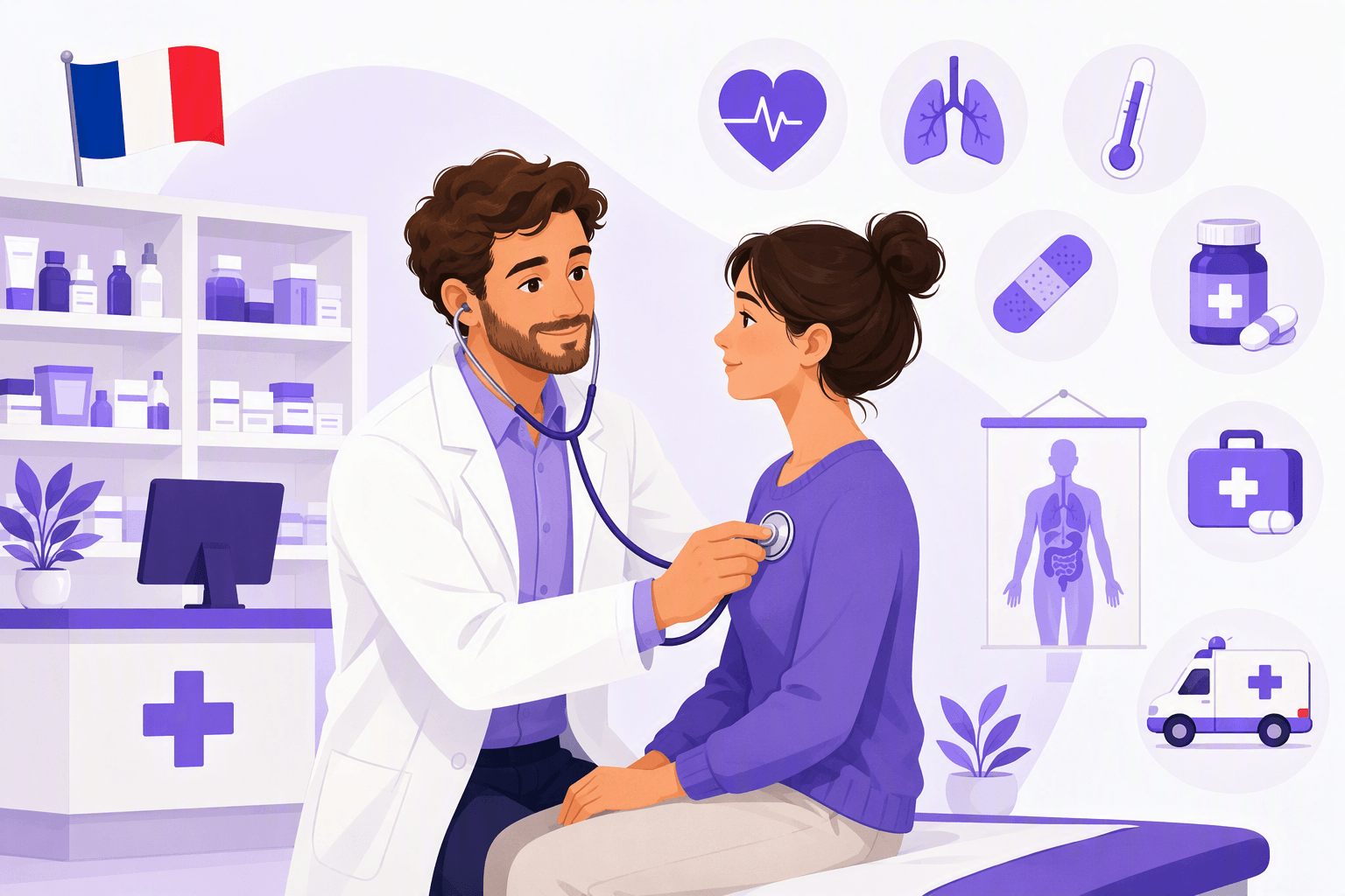 Flat-vector scene of a doctor examining a patient near a pharmacy counter with medical vocabulary represented by icons for body parts, symptoms, medicines, prescriptions, first aid, and emergencies.