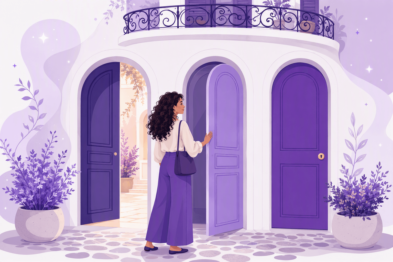 Three arched Parisian doorways, one wide open, one half open, one closed with a keyhole, illustrating ability, desire and obligation in French modal verbs