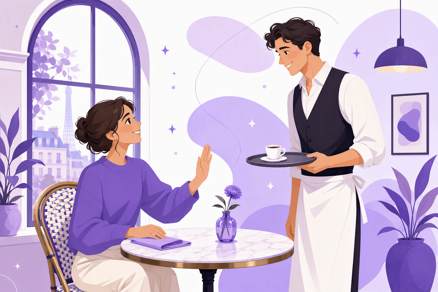 A seated customer in a Paris bistro raising an open palm toward a waiter carrying an espresso, showing how French softens requests