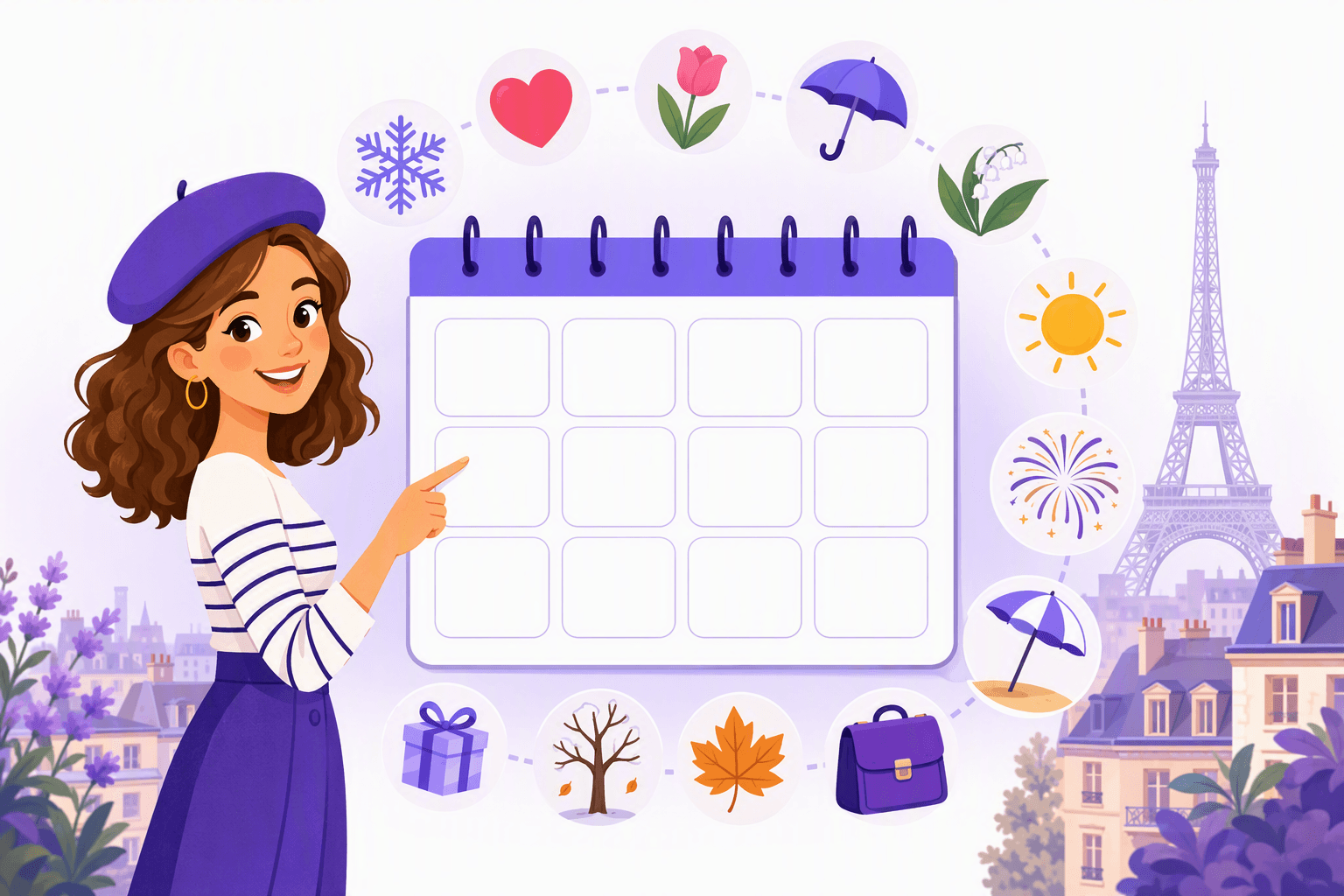 Illustrated French calendar surrounded by twelve seasonal symbols, from a snowflake and a tulip to a lily of the valley sprig, an autumn leaf and a gift box, with Paris rooftops and the Eiffel Tower in the background