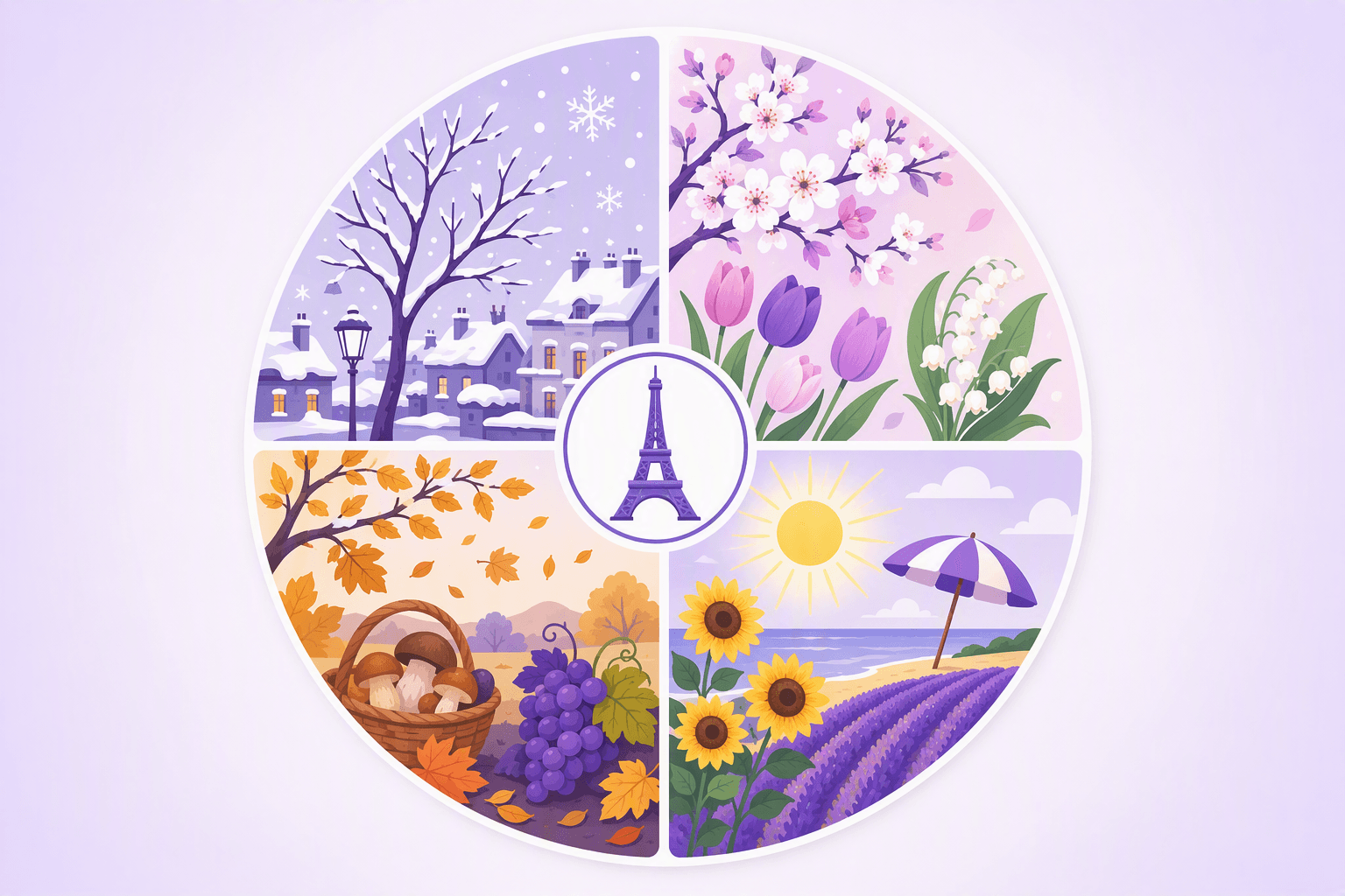Circular wheel of the four French seasons: snow-covered rooftops for winter, blossom and lily of the valley for spring, sunflowers, lavender fields and a beach parasol for summer, and falling leaves, grapes and mushrooms for autumn, with a small Eiffel Tower at the centre