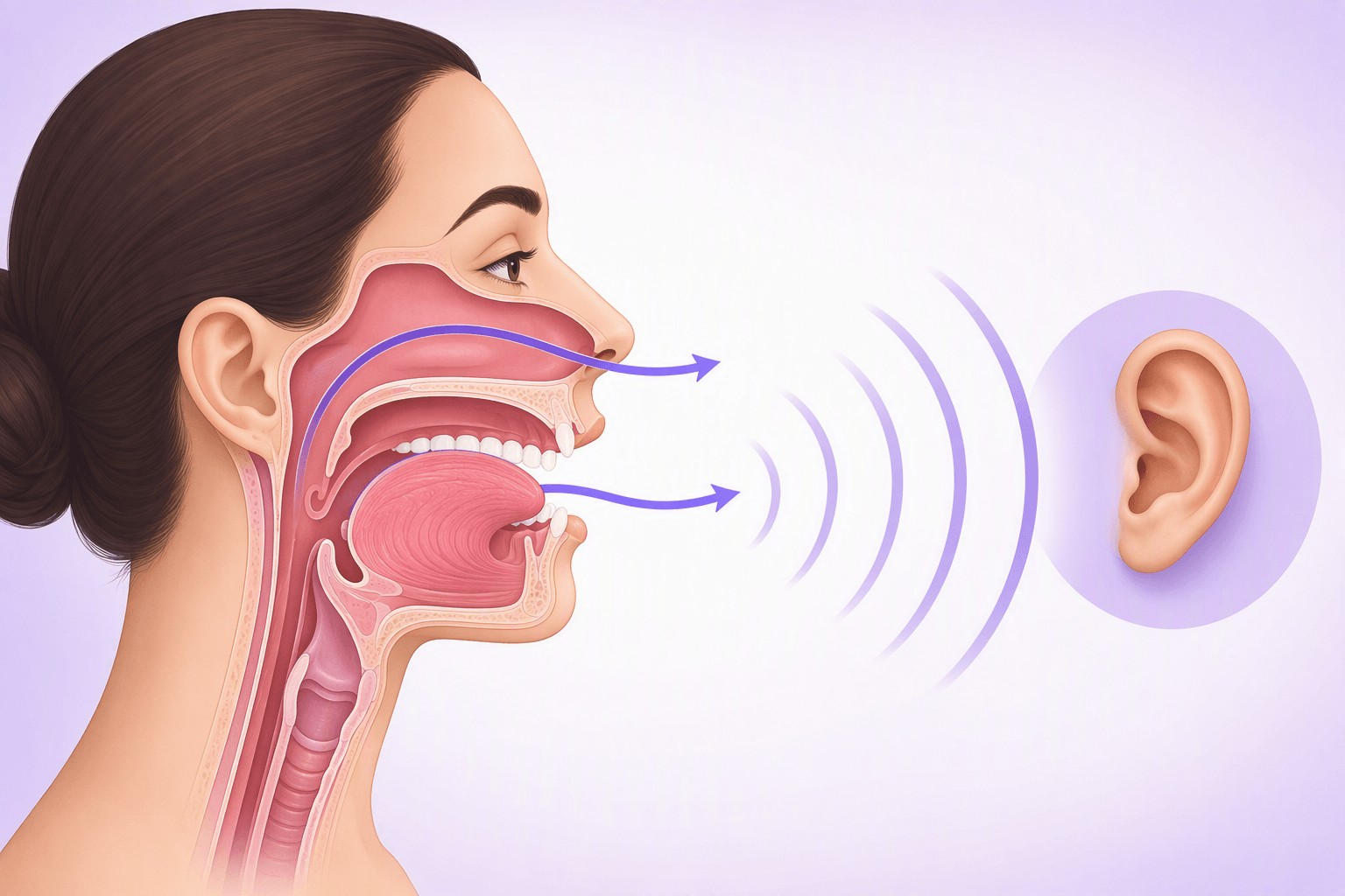 Cross-section of the mouth and throat showing tongue position and the airflow that escapes through the mouth and the nose when French sounds are produced