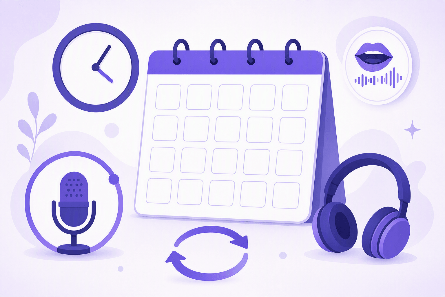 A two-week pronunciation routine shown as a blank calendar card with a clock, a microphone with a record ring, headphones and a looping repeat arrow