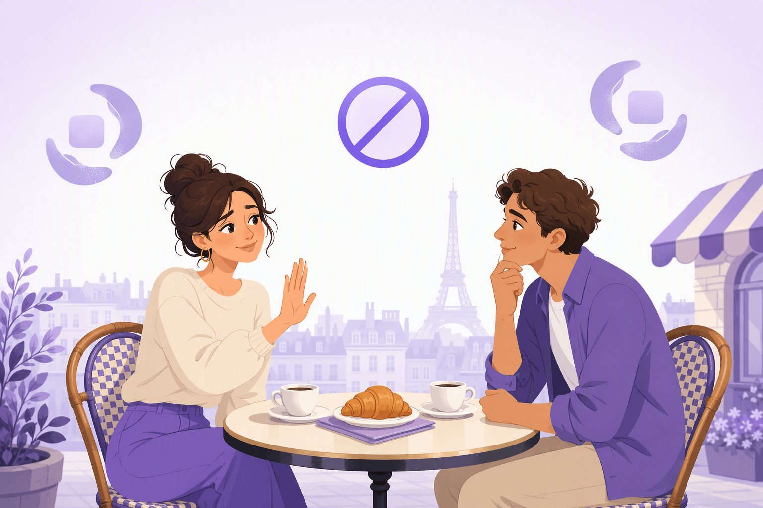 Two friends at a Paris cafe table, one politely raising an open palm to decline while the other listens