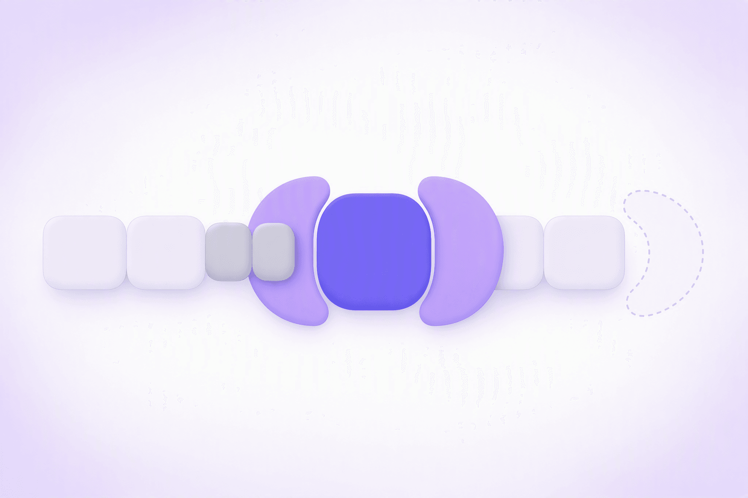 Diagram-style illustration of a matched pair of curved shapes hugging a central block, with small blocks tucked inside and one half of the pair fading away