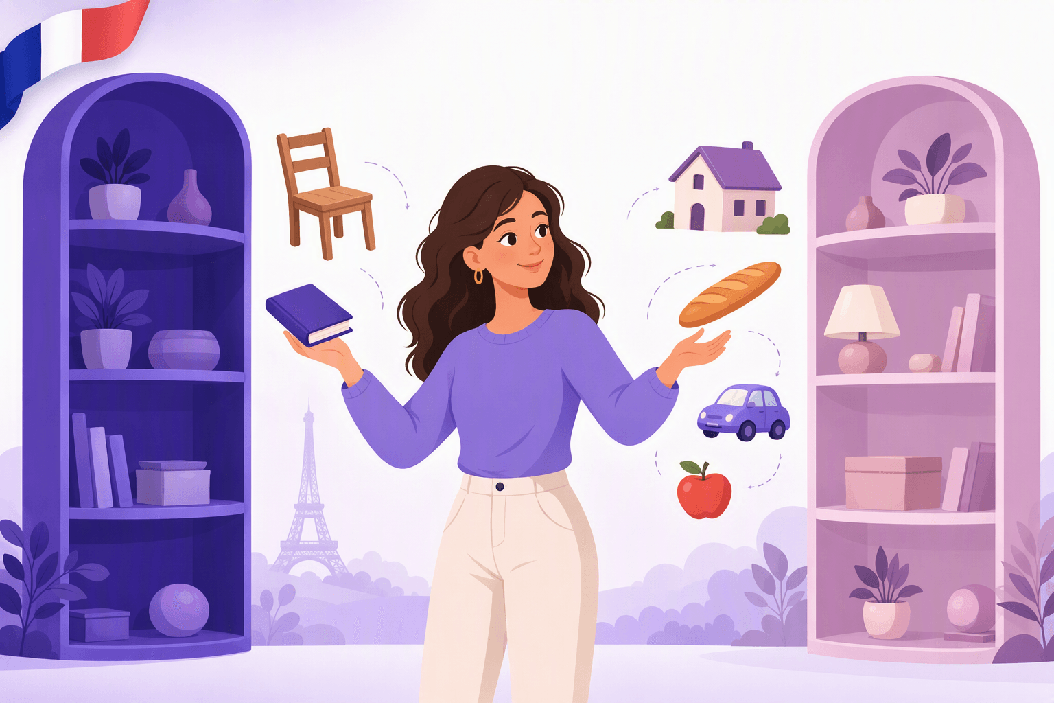 Illustration of a learner sorting everyday French objects onto two colour-coded shelves, one for masculine nouns and one for feminine nouns
