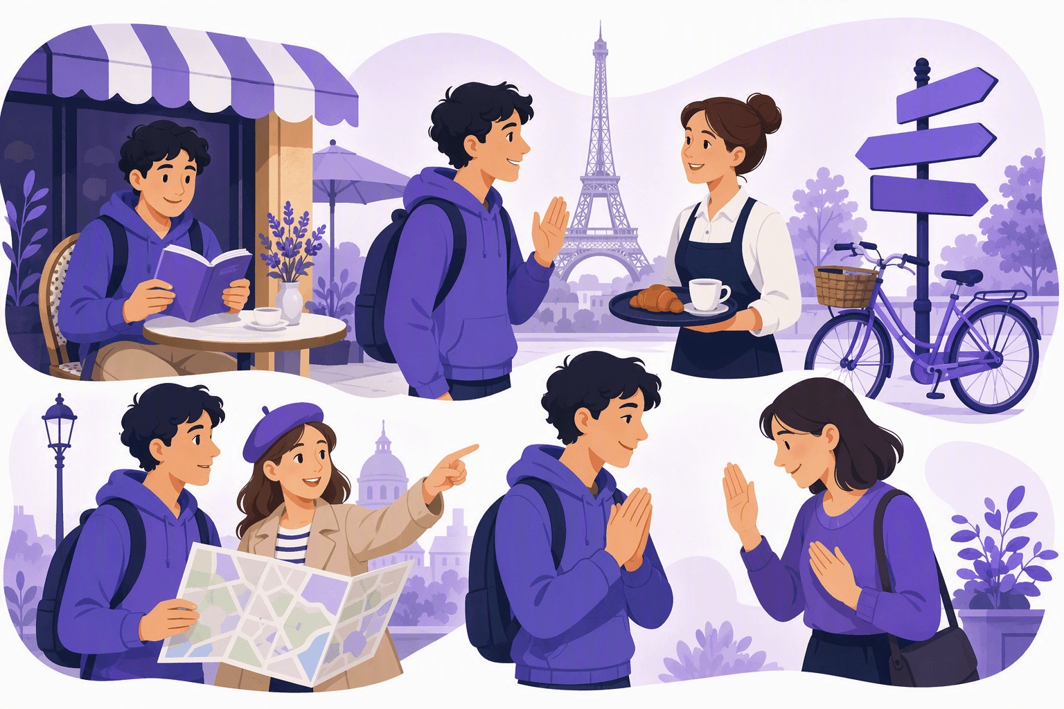 Flat-vector scene of a traveler practicing polite French interactions with a café server and a local holding a map on a Paris street, with café tables, a bicycle, and the Eiffel Tower in the background.