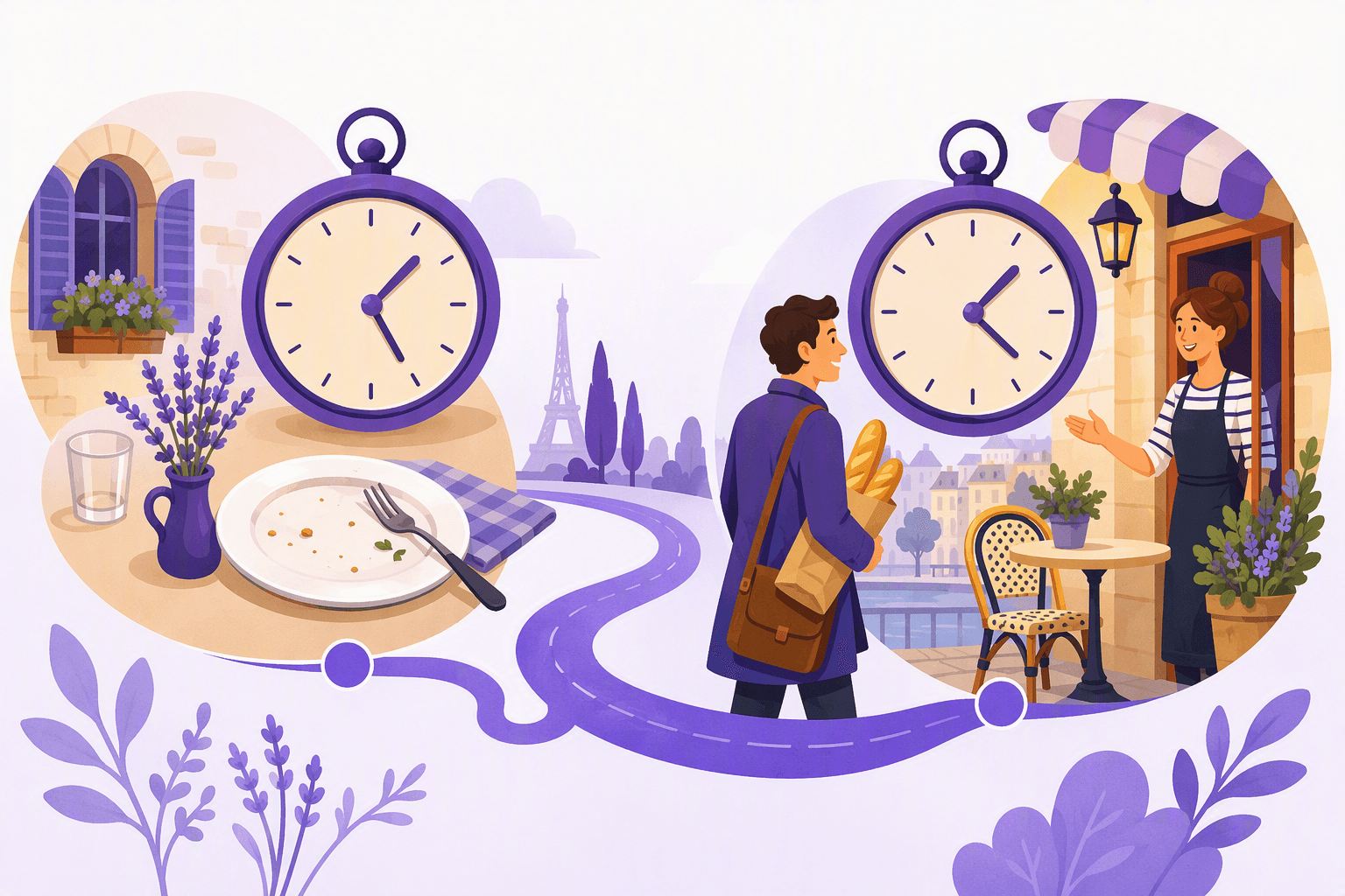 Flat-vector scene showing an earlier completed meal on a timeline before a later café arrival, represented by two connected clocks, a plate and fork, a person, and a baguette.