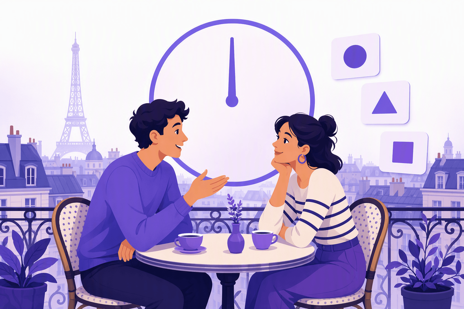Two friends talking at a Parisian cafe table under a hand pointing to the present moment, with three cards standing for the -er, -ir and -re verb families