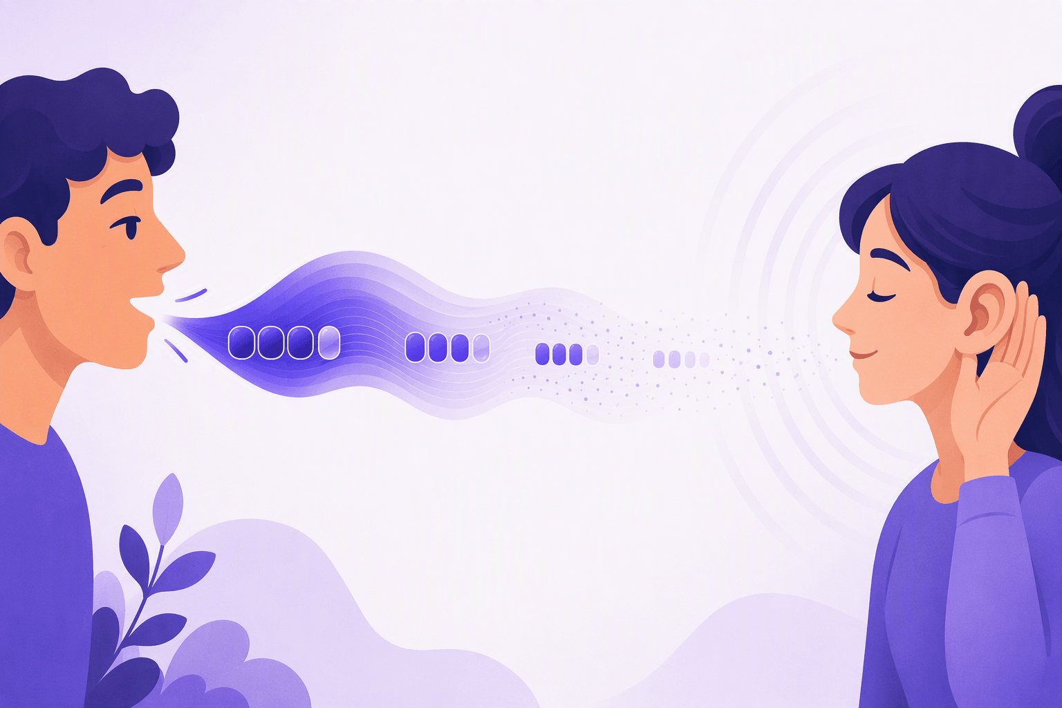 A speaker sends a sound wave toward a listener, and the last token of every word group fades away before it arrives, showing how written verb endings go unheard