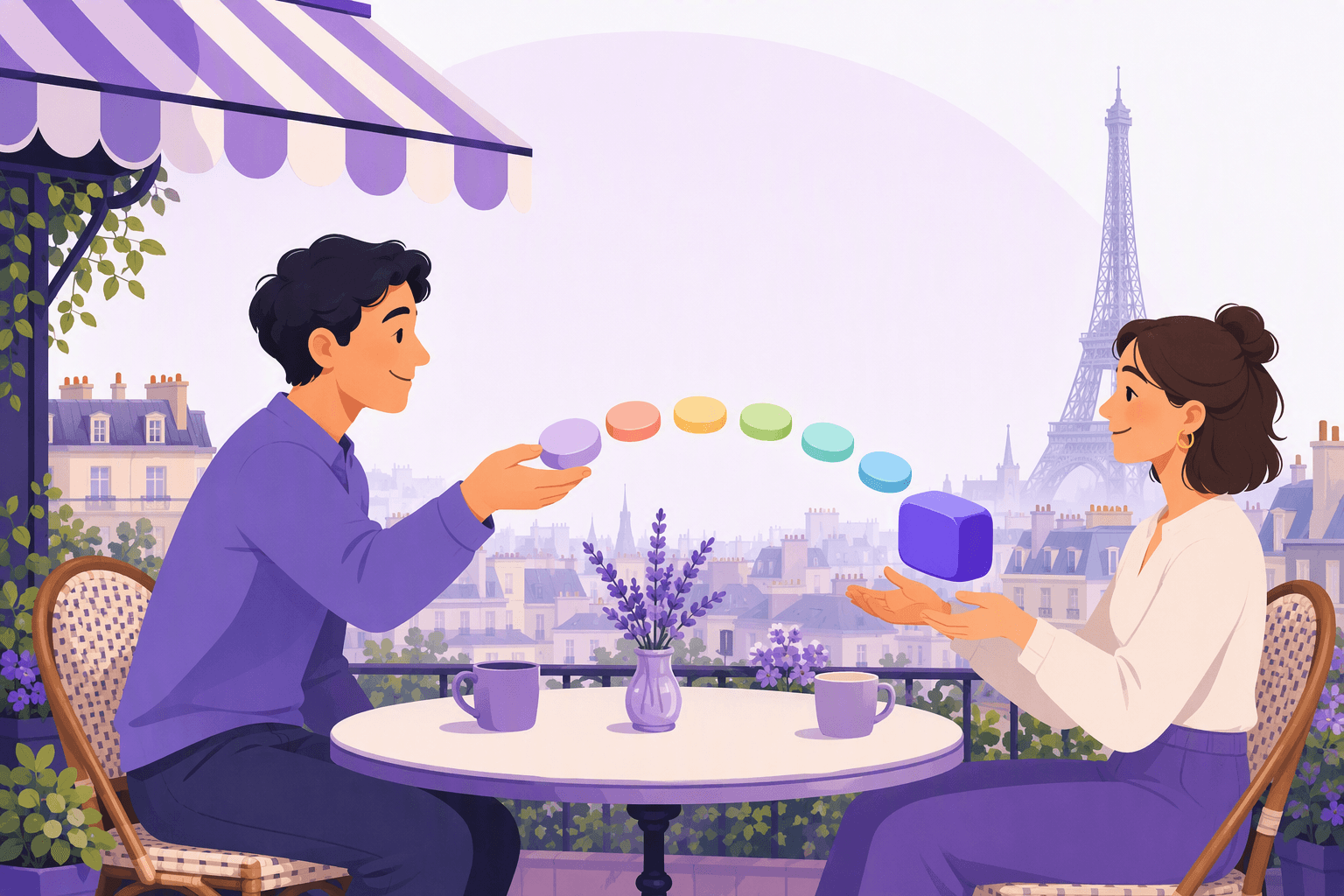 Two people at a Paris cafe table handing over a small parcel, with a row of small coloured discs lining up in a fixed order in front of one larger block