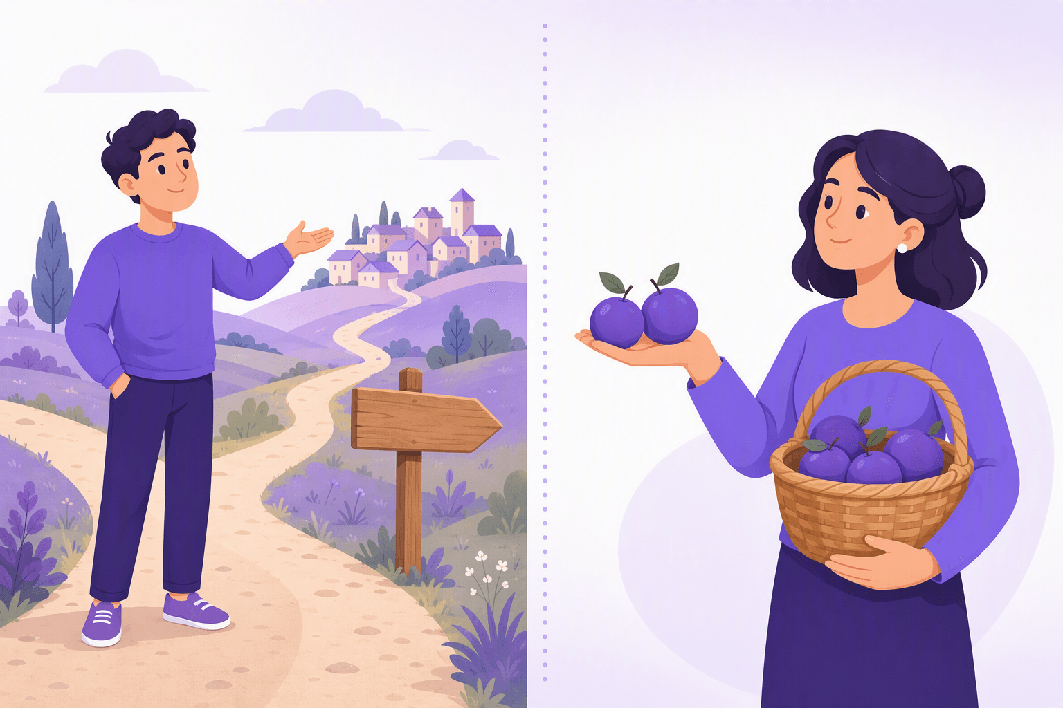 Split illustration: on one side a person gestures toward a distant village along a path with a blank signpost, on the other side a person lifts two round fruits out of a full basket