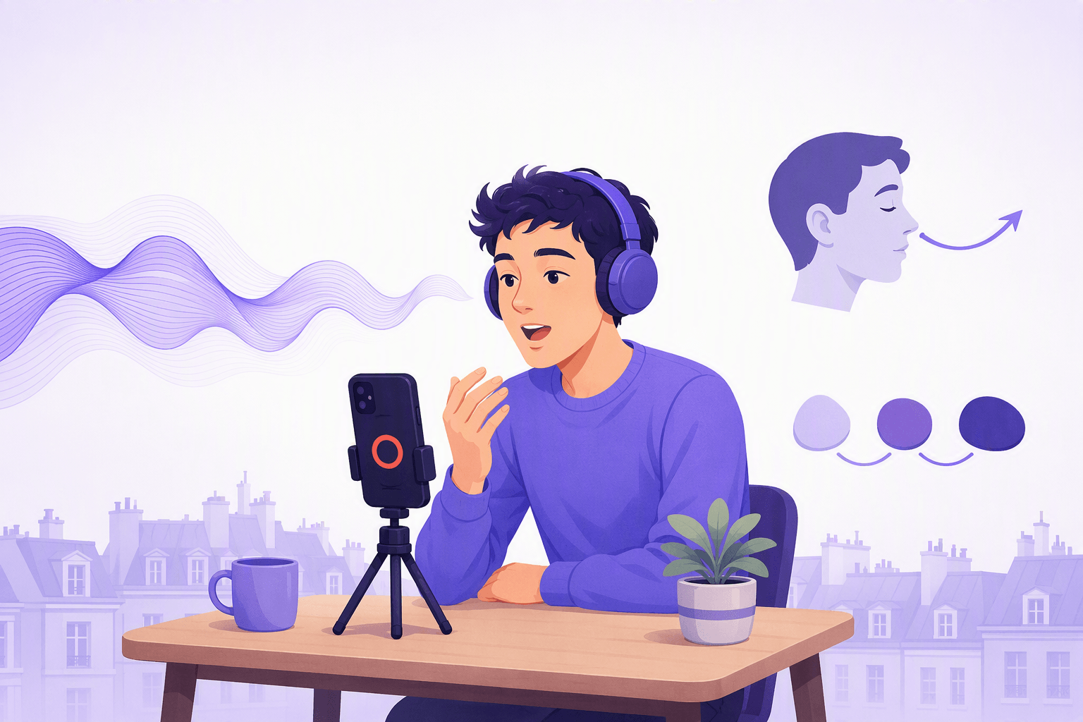 A learner wearing headphones records their own French sentence on a phone, with a flowing rhythm wave, a side profile showing air escaping through the nose for nasal vowels, and three pebbles joined by links for word-linking
