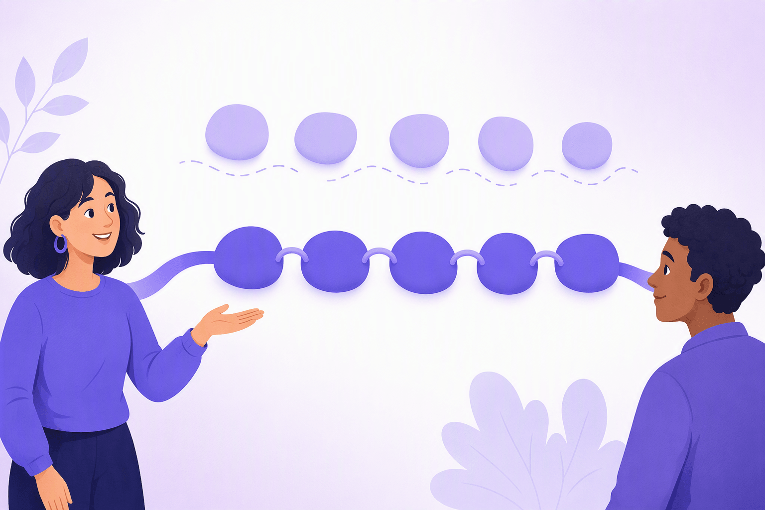 Two speakers facing each other: above them separate pebbles sit apart with visible gaps, below them the same pebbles are joined by small hooks into one continuous stream that flows from one speaker to the other