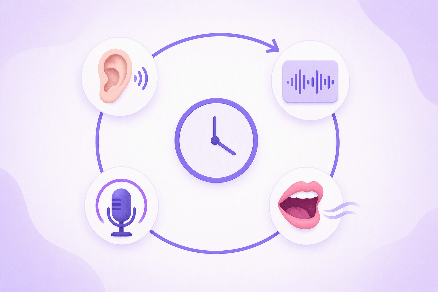 A four-step practice loop drawn as a circle: an ear, a short sound waveform, an open mouth with a breath curve and a microphone with a record ring, joined by one arrow that returns to the start, with a small clock in the middle