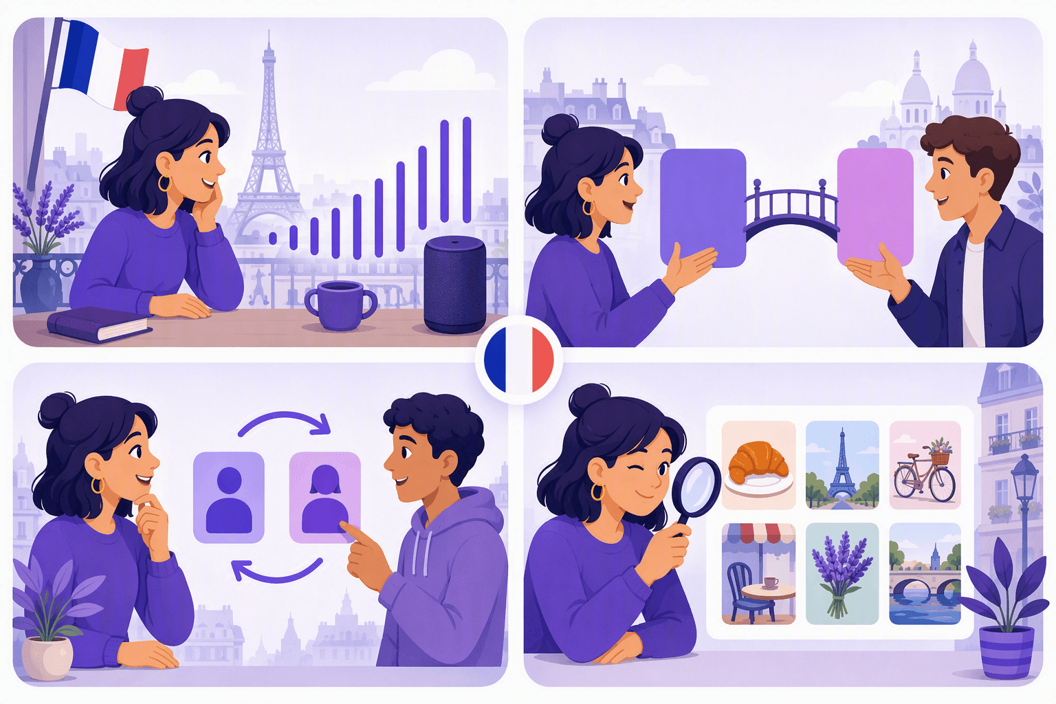 Flat-vector illustration of four visual approaches to French question formation: rising intonation, a connecting structure, inversion shown by swapped icons, and question words represented by picture clues, with a Parisian backdrop and tricolor accents.