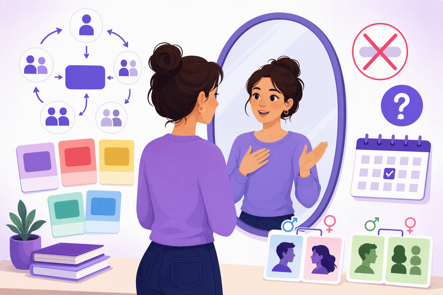 Flat-vector illustration of a learner using a mirror and visual grammar symbols to study French reflexive pronoun placement, negation, questions, passé composé, and agreement.