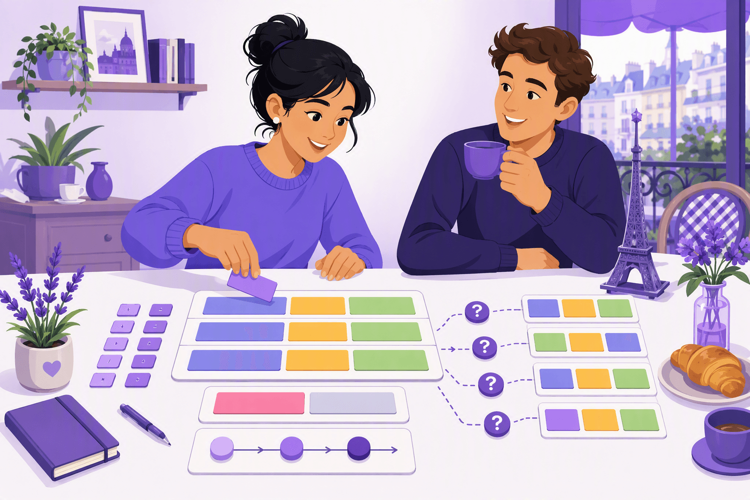 Flat-vector scene of a learner arranging blank colored word tiles into subject–verb–object patterns, with separate pronoun, negation, adverb, and question markers and French café and Eiffel Tower motifs.
