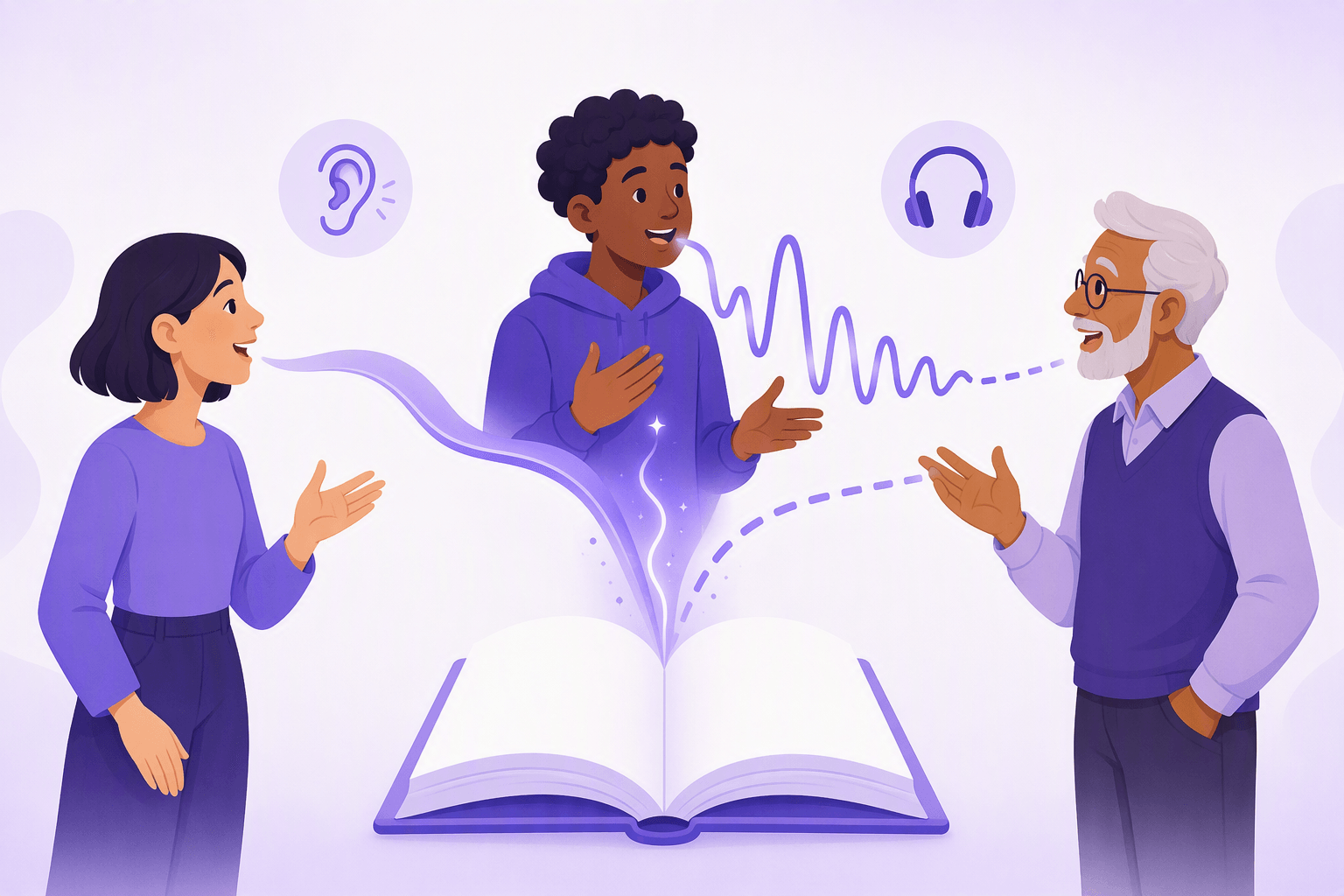 Three French speakers with different speech rhythms shown as different sound waves, all rising from one shared open book