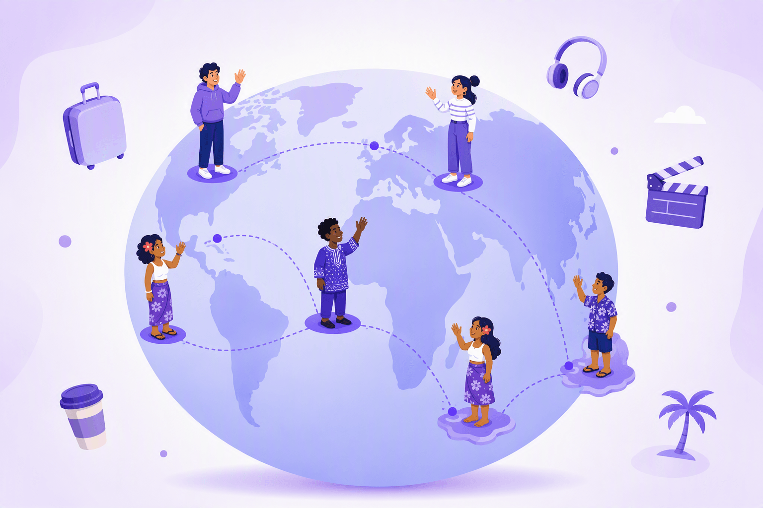 Illustrated globe with French speakers greeting each other across Europe, Africa, North America, the Caribbean, the Indian Ocean and the Pacific