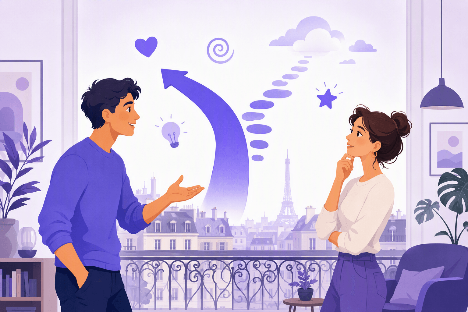 Two people talking on a Paris balcony, one gesturing persuasively while the other listens thoughtfully, with a solid arrow branching into soft dotted stepping stones that drift up into clouds, illustrating how French switches from stated fact to the subjunctive mood