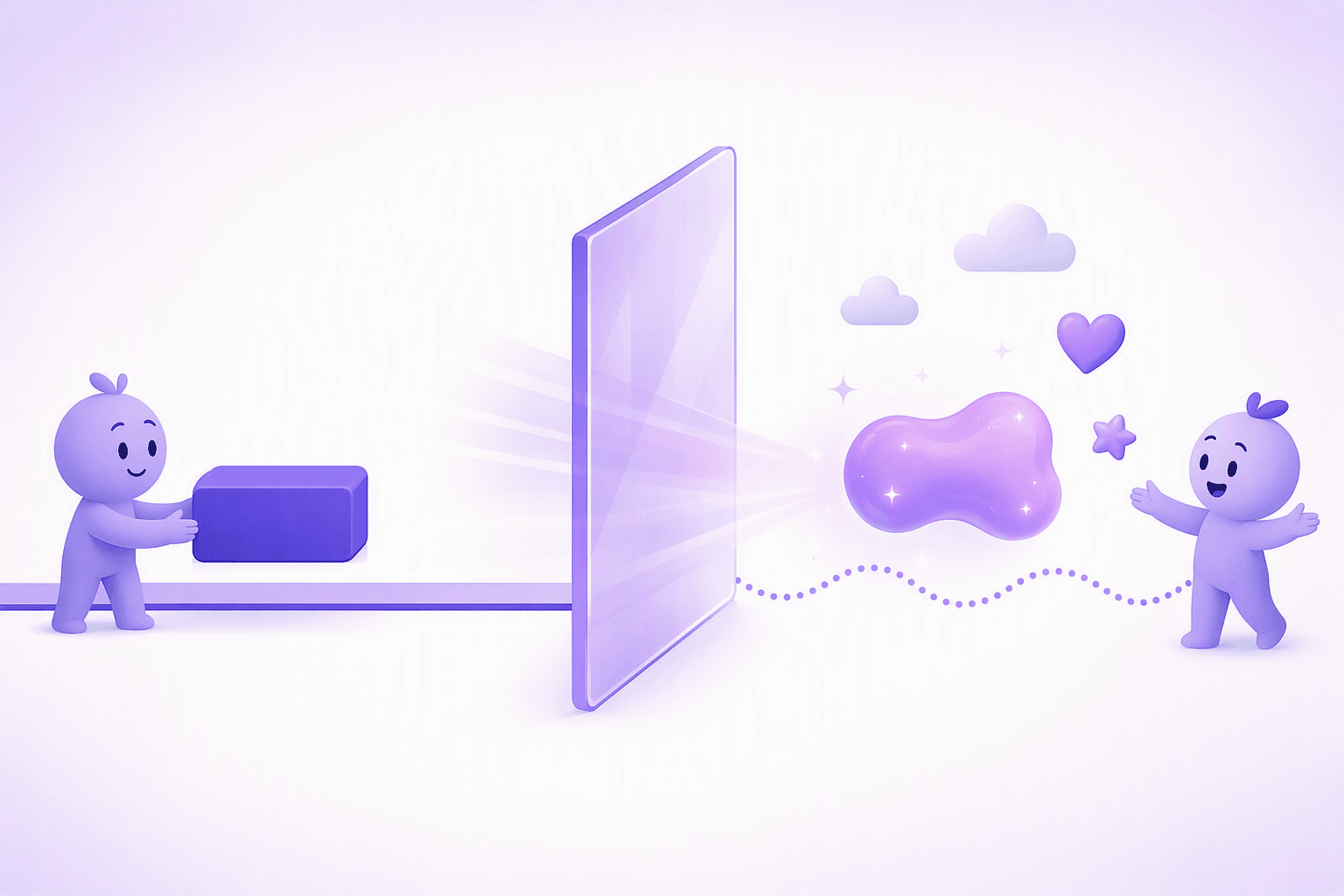 A solid, sharp-edged block slides along a straight track, passes through a translucent purple filter panel, and comes out the other side as a soft wavy glowing shape surrounded by clouds, a heart and a star, showing how the same event changes shape once it passes through the speaker's stance