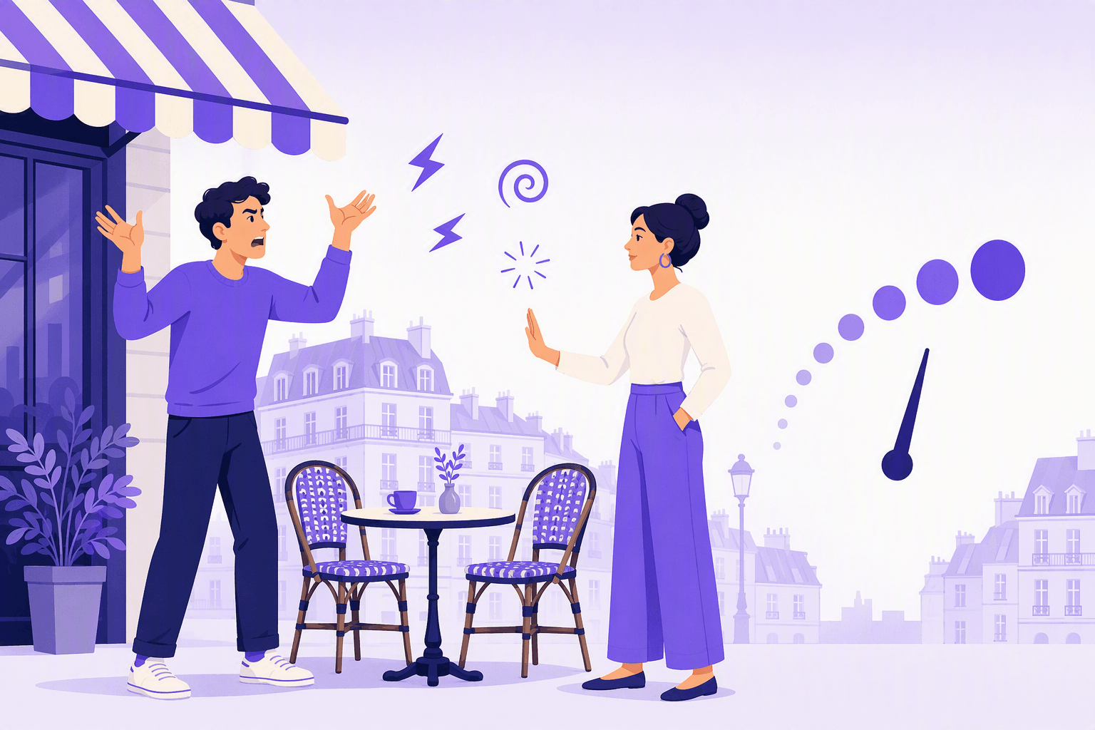 Two people on a Parisian cafe terrace, one venting with frustrated gestures and energy symbols in the air, the other calmly raising a palm to tone it down, beside an abstract rising intensity gauge