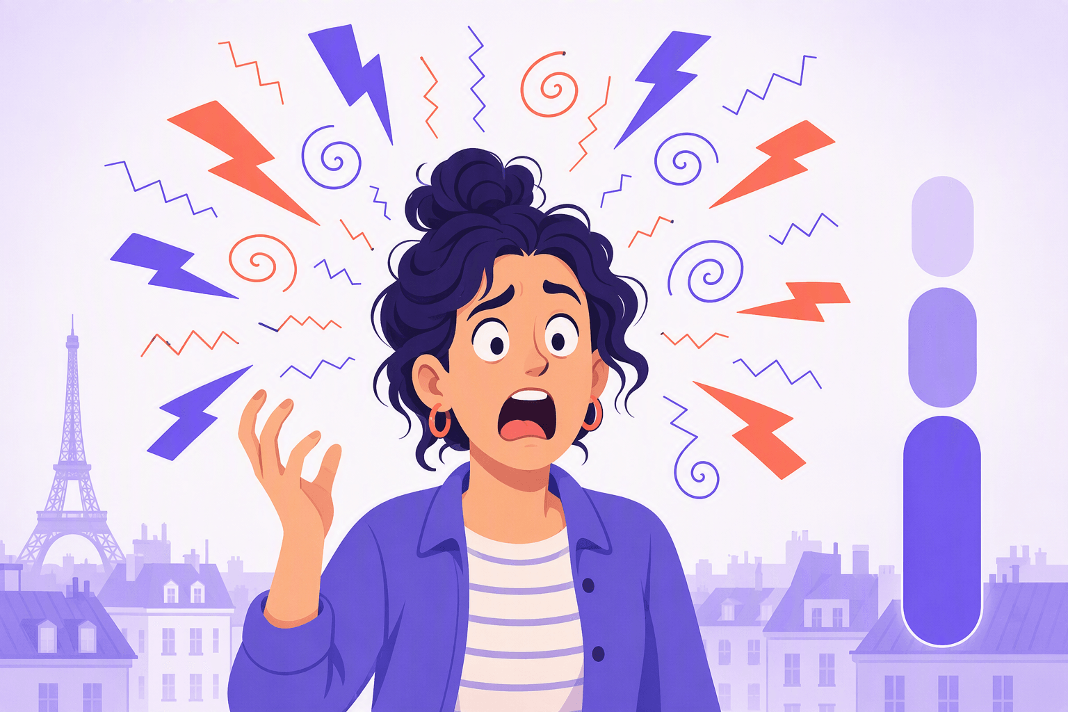 Exasperated person surrounded by lightning bolts, spirals and zigzag sparks, next to a three-step rising meter suggesting escalating severity, with the Eiffel tower and Parisian rooftops in the background