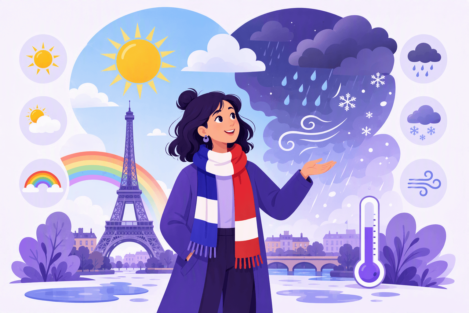A cheerful learner wearing a tricolor scarf stands in front of a stylized Eiffel Tower beneath a split sky displaying sunshine, rain, snow, wind, a rainbow, puddles, and a thermometer.