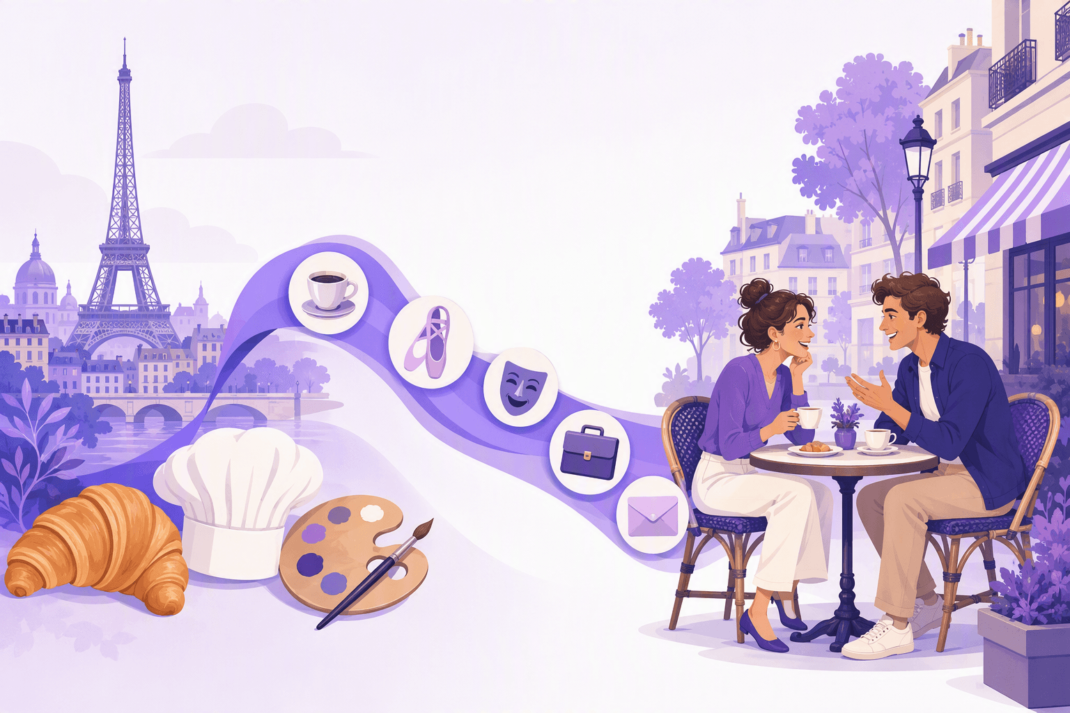 Illustration of French words travelling into everyday English: a Paris skyline with an Eiffel tower, a croissant, a chef hat and an artist palette on one side, a ribbon carrying a coffee cup, a ballet slipper, a theatre mask, a briefcase and an envelope arcing across, and two people talking over coffee at an outdoor cafe table