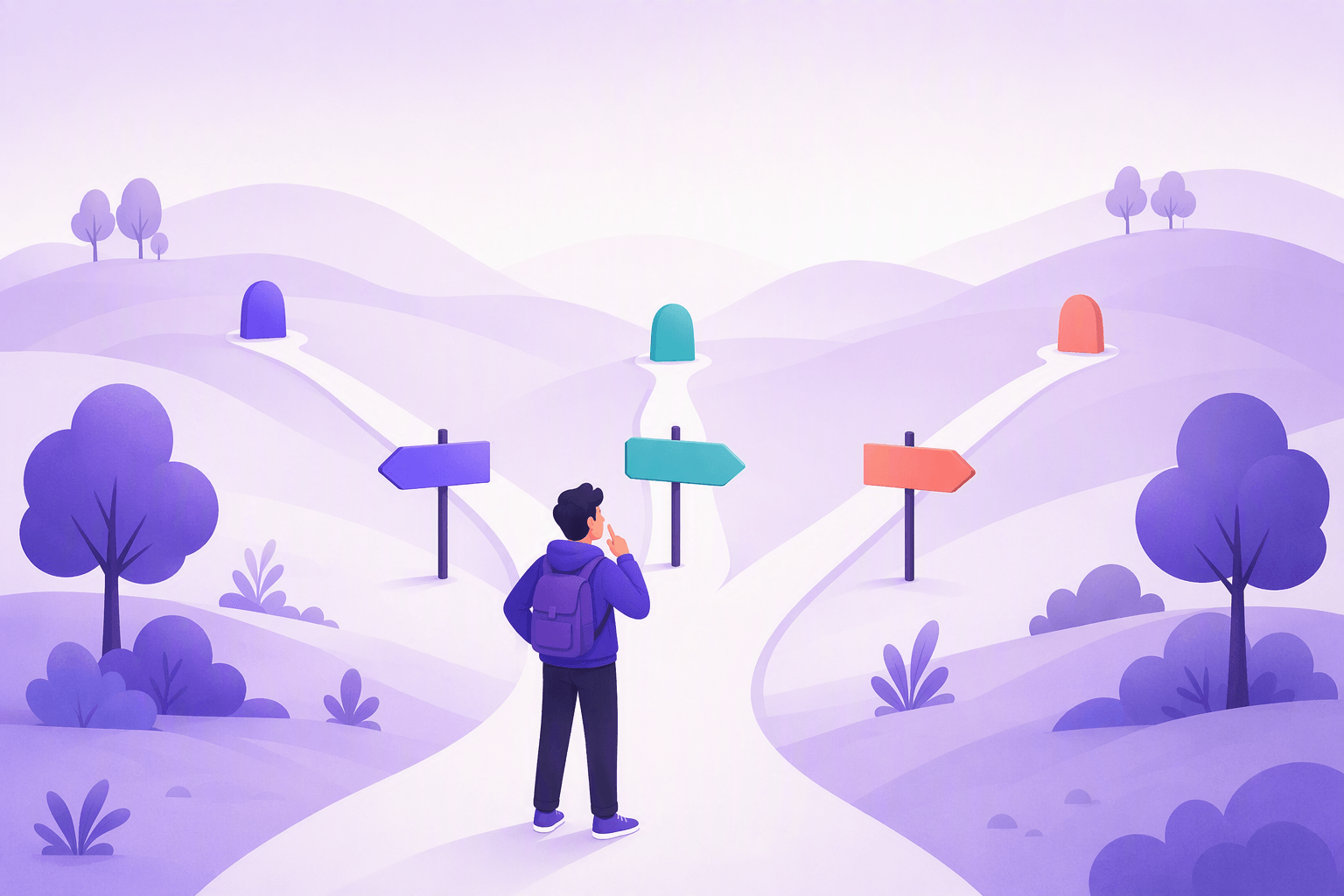 A traveller pausing where one path splits into three separate lanes, mirroring the three-way choice between der-word, ein-word and no-article adjective endings