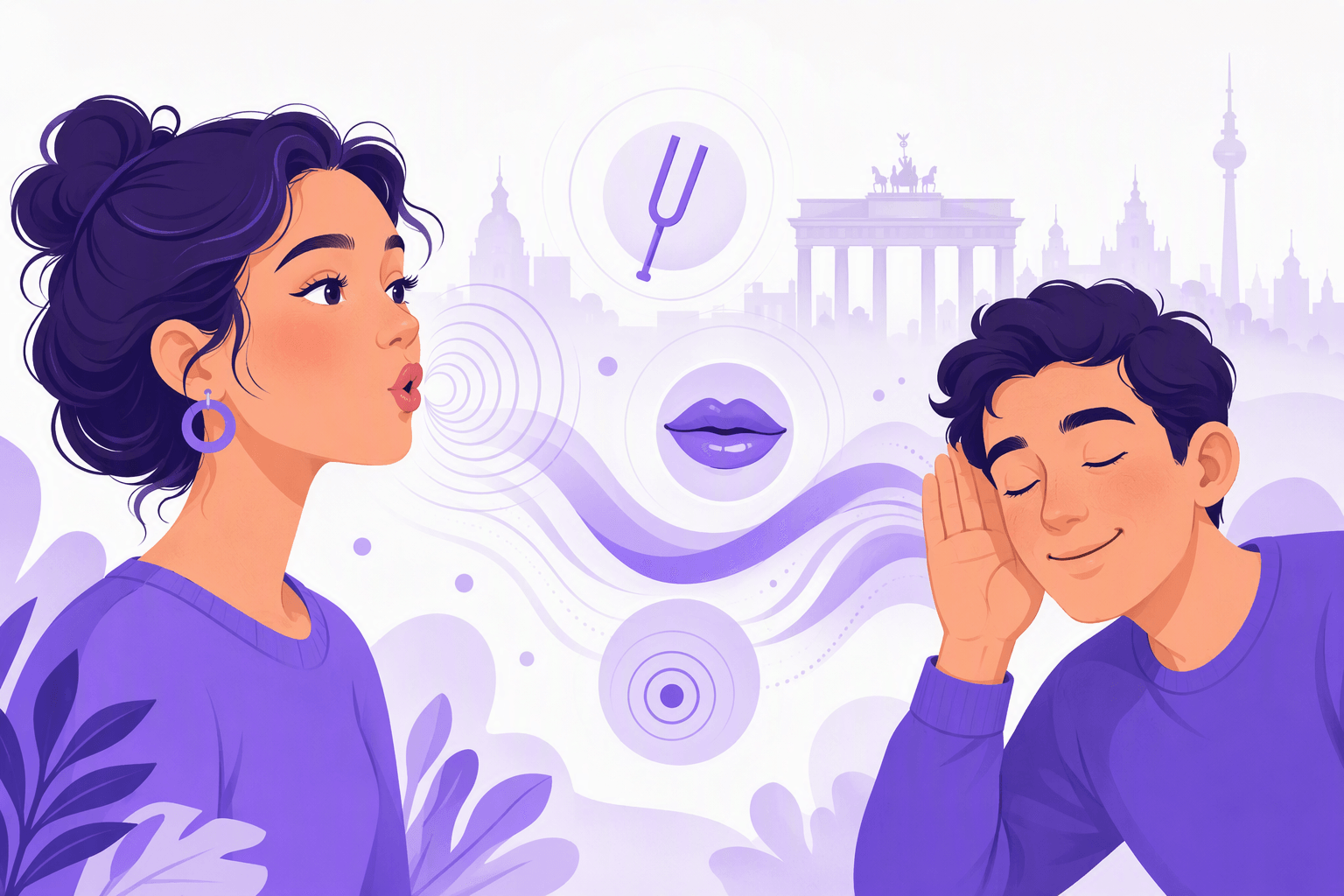 Illustration of a speaker forming a rounded German umlaut vowel while a listener leans in, with sound waves and a Berlin skyline in the background
