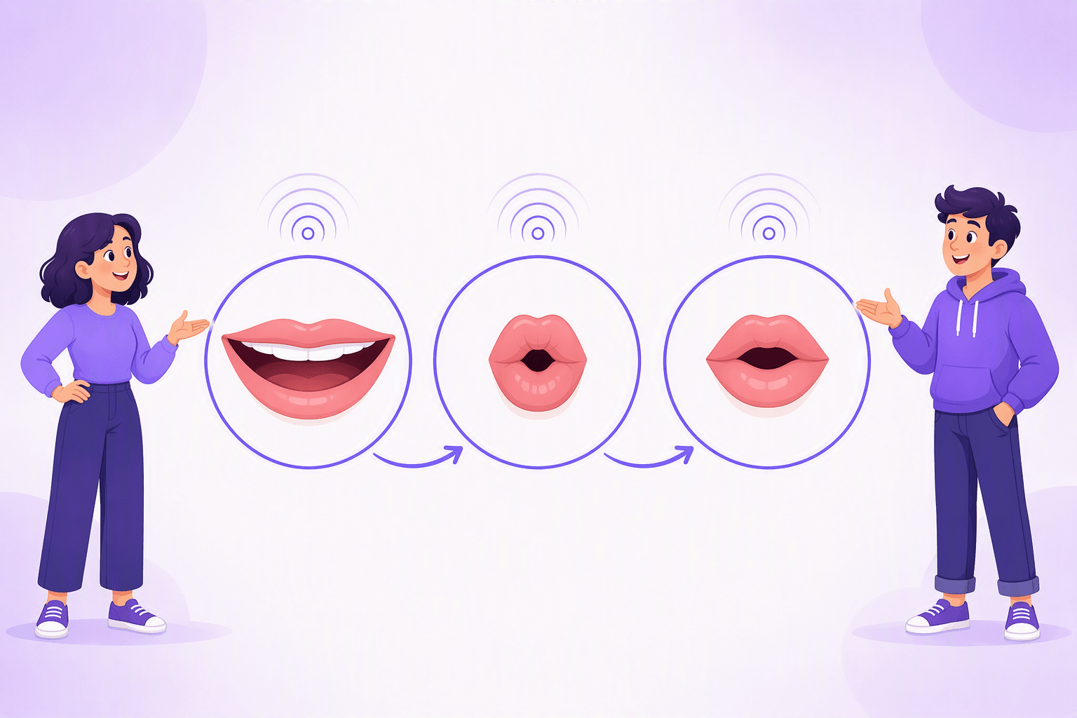 Diagram of three mouth shapes showing lips moving from spread to rounded for the German ö and ü vowels