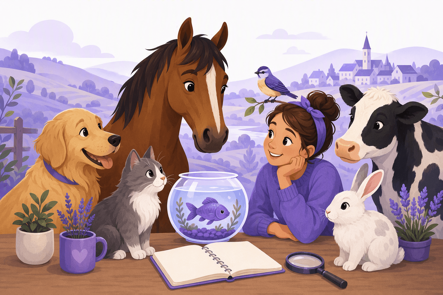 A smiling learner at a wooden table surrounded by a golden dog, a grey cat, a brown horse, a blue songbird, a goldfish in a bowl, a white rabbit and a black-and-white cow, with rolling hills and a village church spire in the background
