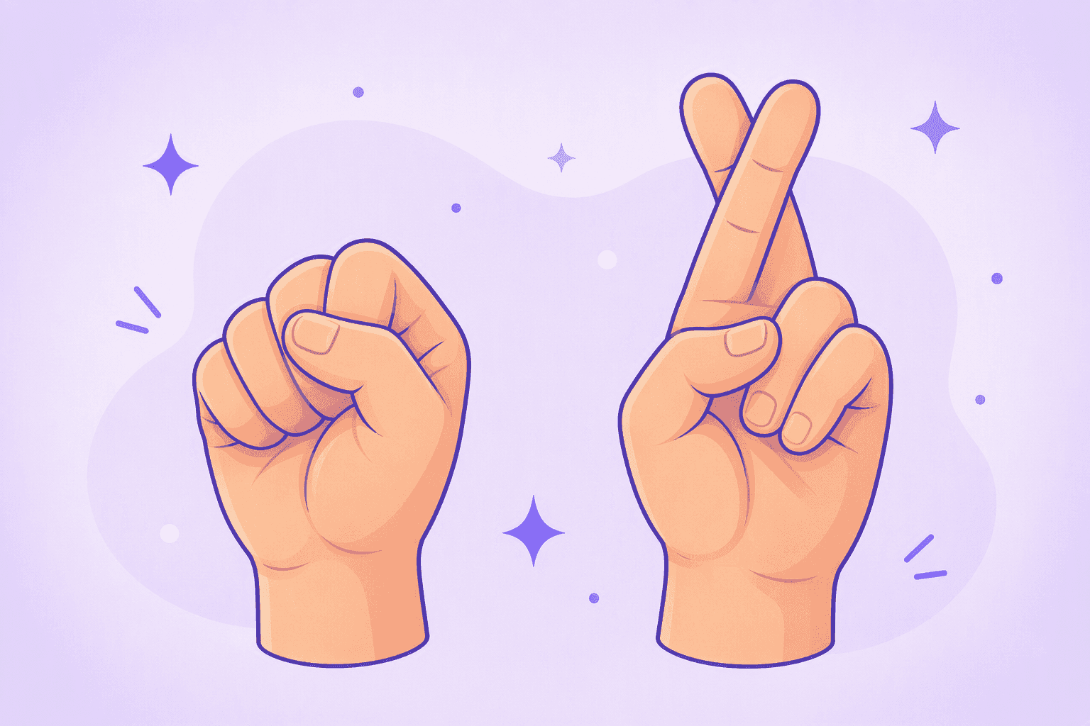 Two hands side by side: a fist with the thumb tucked inside the curled fingers, and a hand with the index and middle fingers crossed
