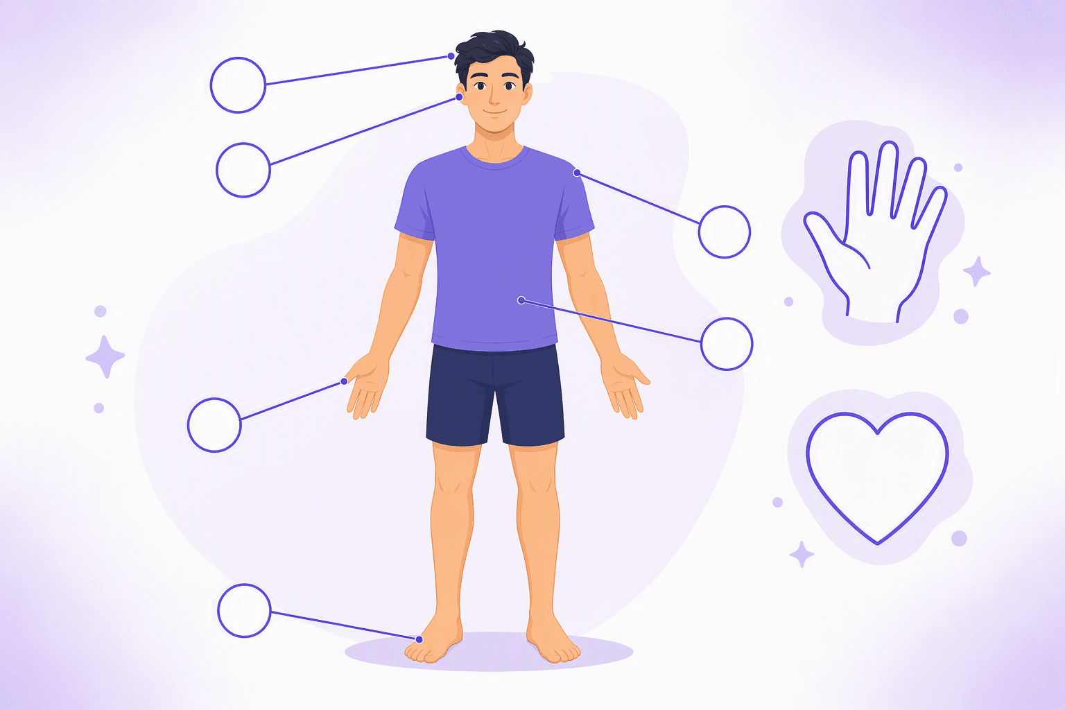 Illustration of a standing figure with connector markers pointing to the head, eye, shoulder, hand, torso and foot, beside an outlined hand and heart