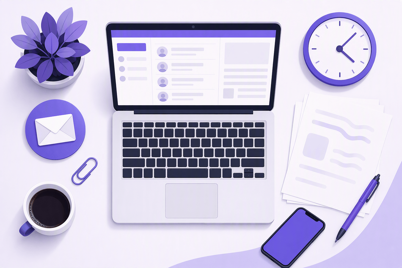 Flat-lay of an office desk with a laptop showing an inbox layout, an envelope icon, a paperclip, printed pages, a pen and a coffee cup