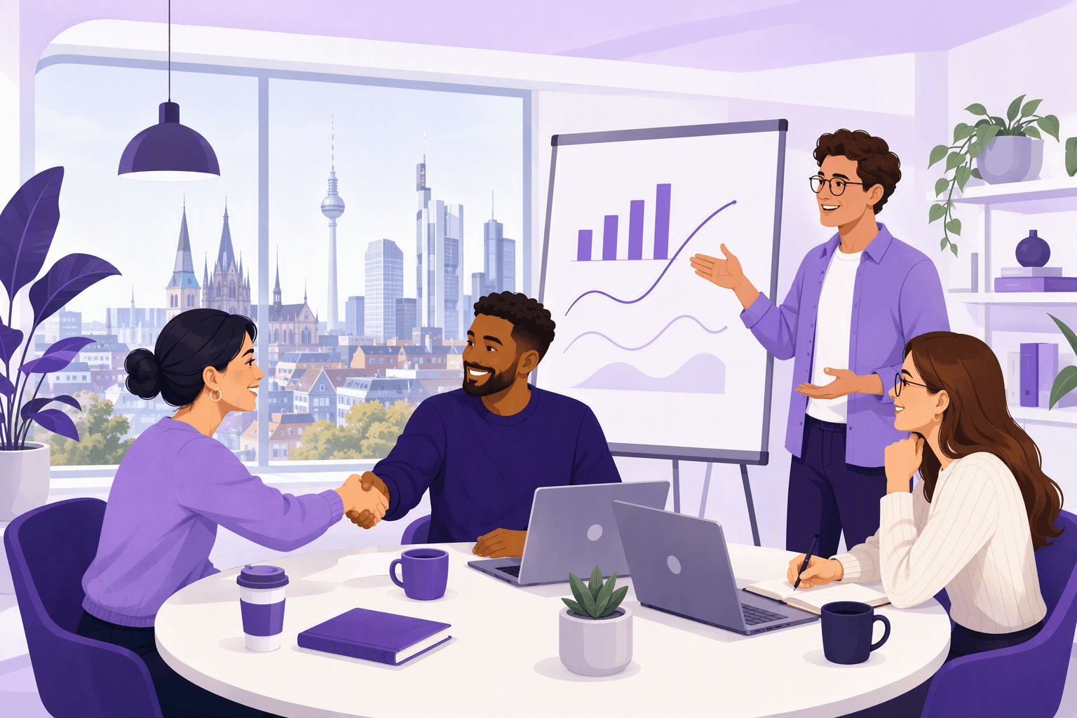 Colleagues in a German office meeting around a table with laptops, a handshake and a chart on a presentation board