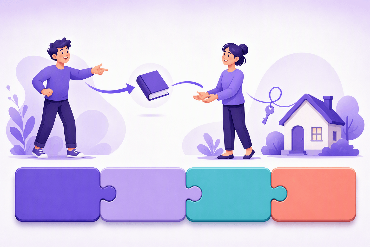 One sentence, four roles: a person acting, an object being handed over, a second person receiving it, and a key linked to a house, above four interlocking puzzle pieces