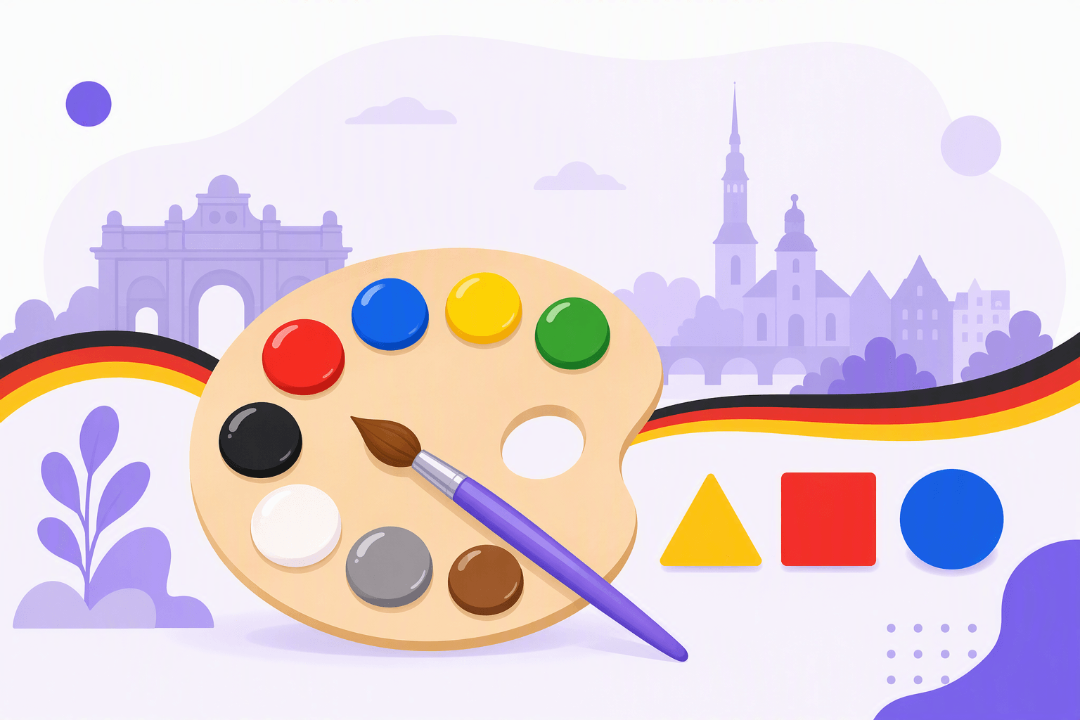 A painter's palette loaded with red, blue, yellow, green, black, white, gray and brown paint, beside a yellow triangle, red square and blue circle in the Bauhaus tradition, with a black-red-gold ribbon curving past a European city skyline