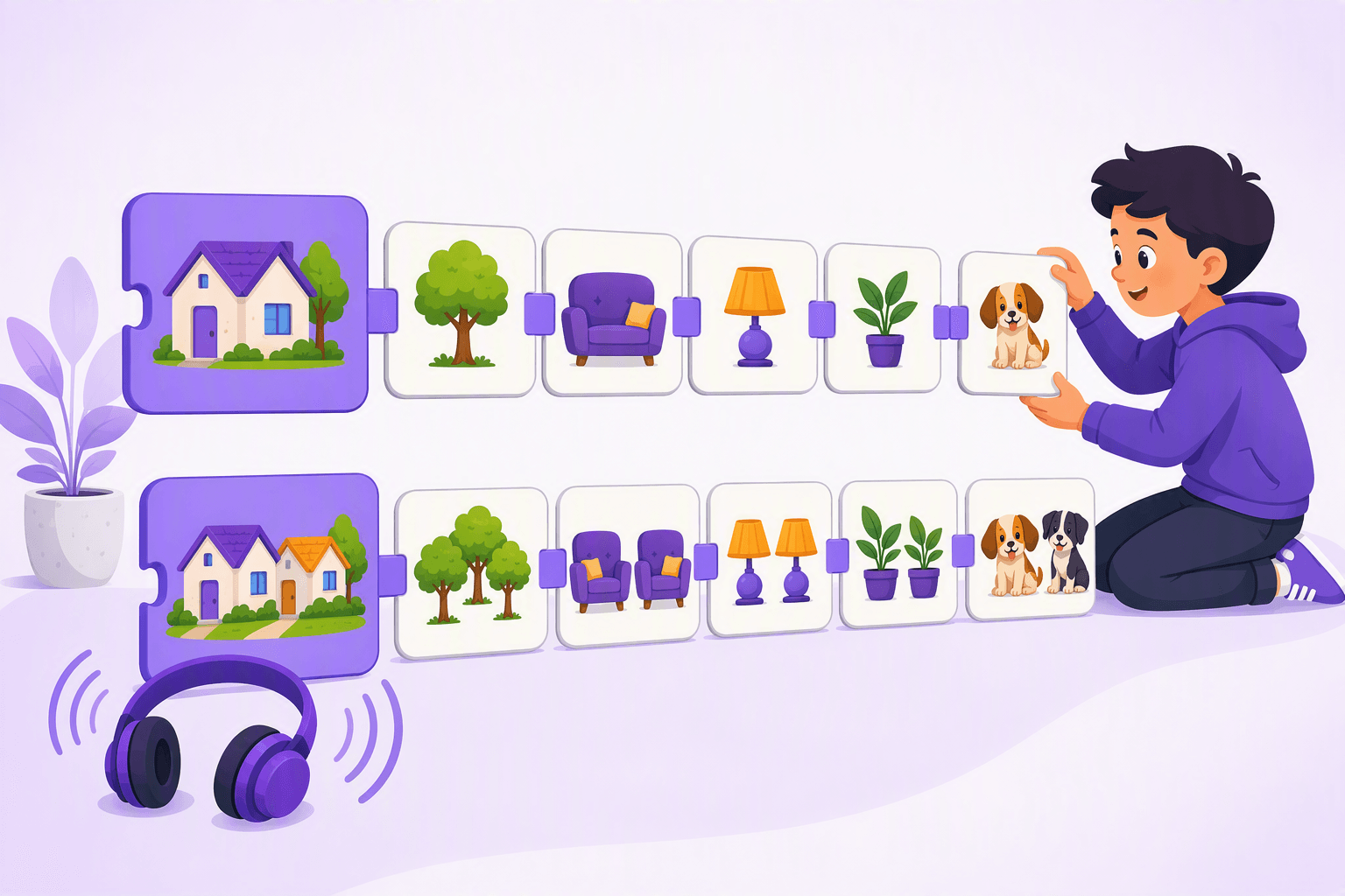 A flat-vector scene shows a learner building German compound nouns from picture blocks in right-to-left order, with a prominent final block indicating the compound’s core category, linking tiles, plural duplicates, and audible pattern cues from headphones.