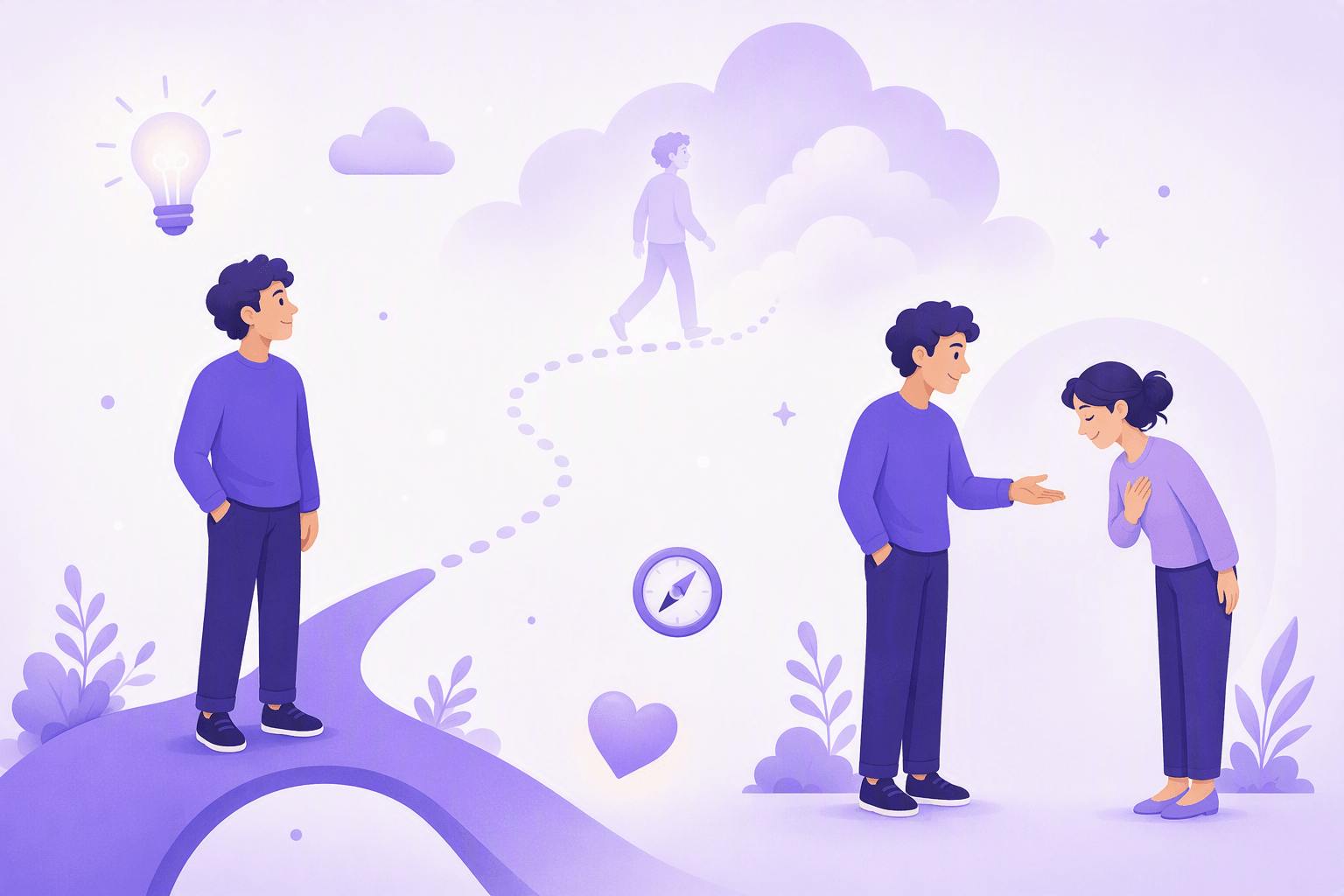 A person on a solid path watching a dotted trail curve into the clouds toward an imagined version of themselves, next to two people exchanging a courteous request