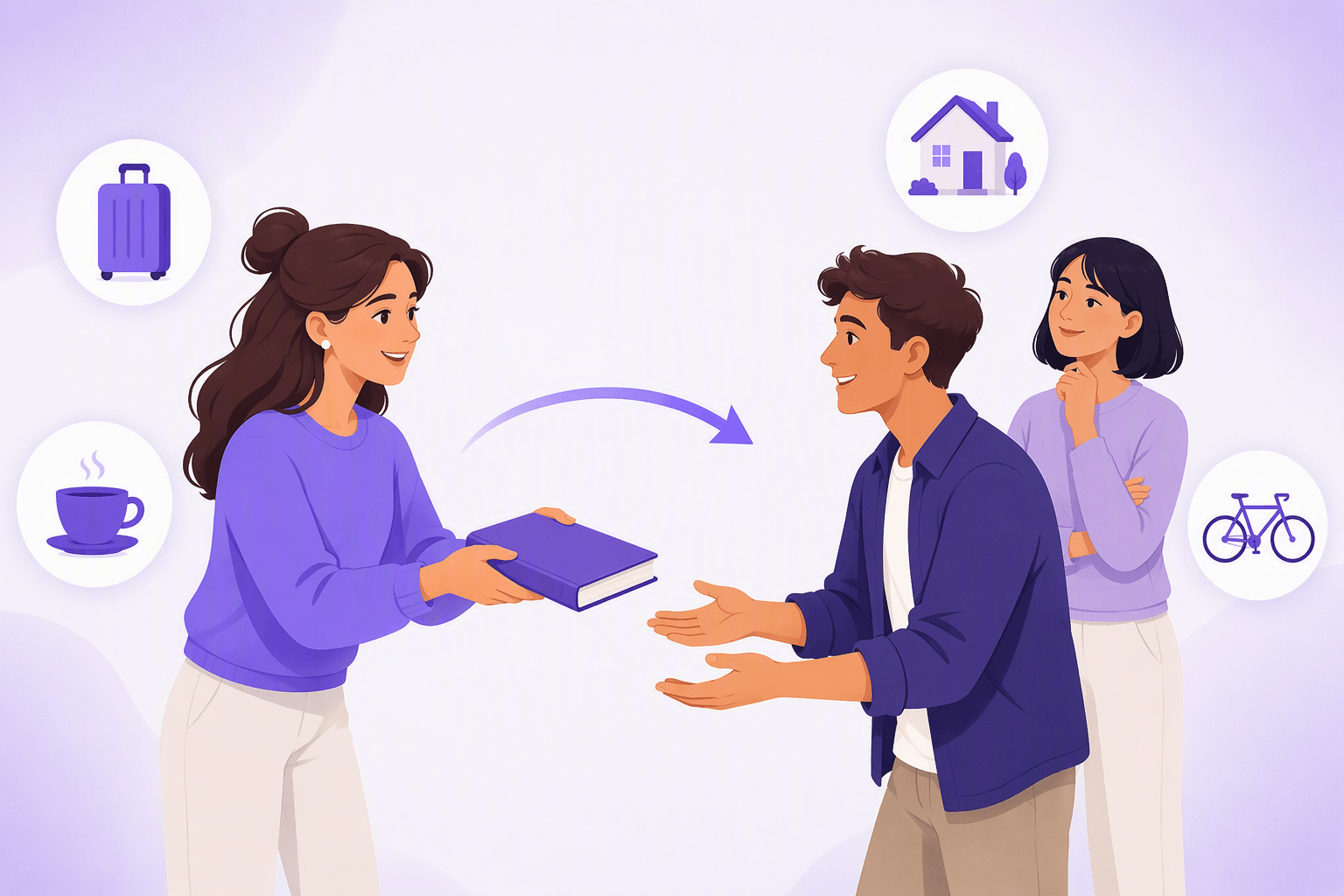 One person handing a book across to another person who reaches out with open hands to receive it, with a curved arrow tracing the object from giver to receiver, illustrating the German dative role of the recipient