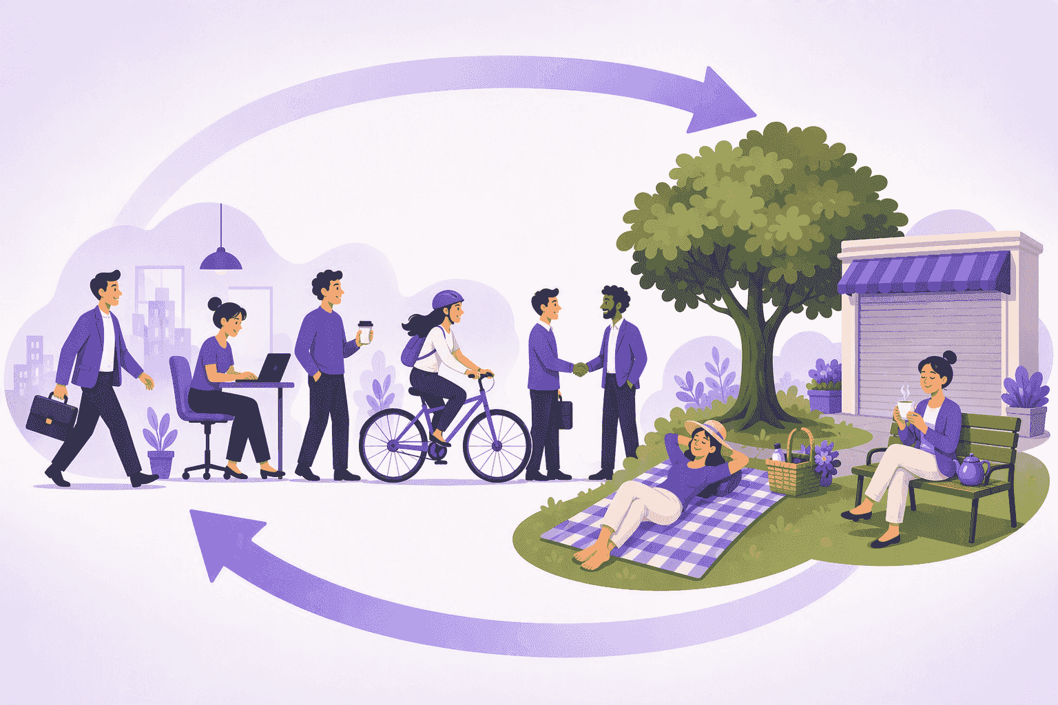 A circular loop showing the German weekly rhythm: five working figures commuting, typing and shaking hands on one side, and on the other side people resting in a park beside a shop with its shutter rolled down