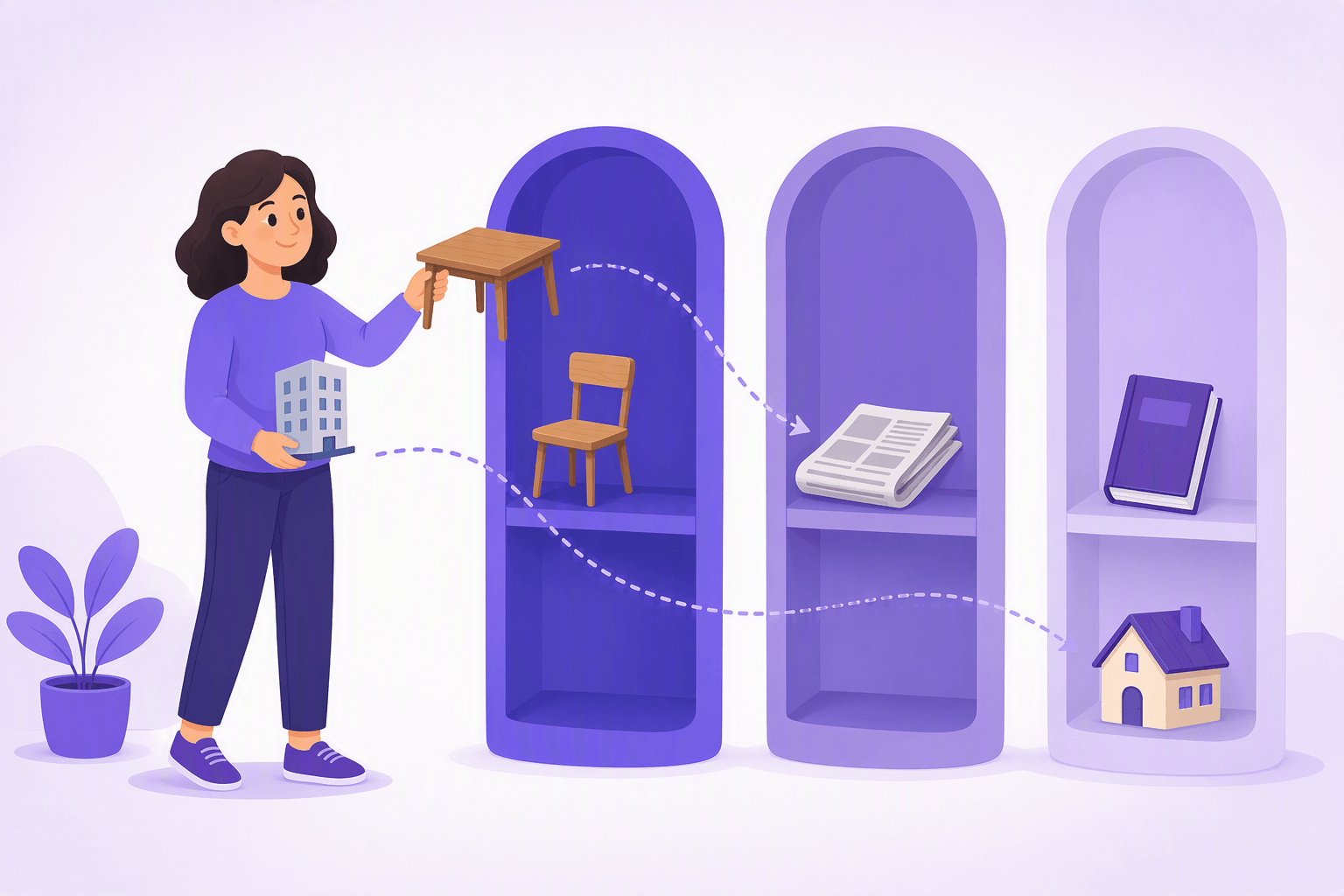 A learner sorting everyday objects into three separate rounded shelves, illustrating how German nouns are filed into the three grammatical genders behind der, die and das
