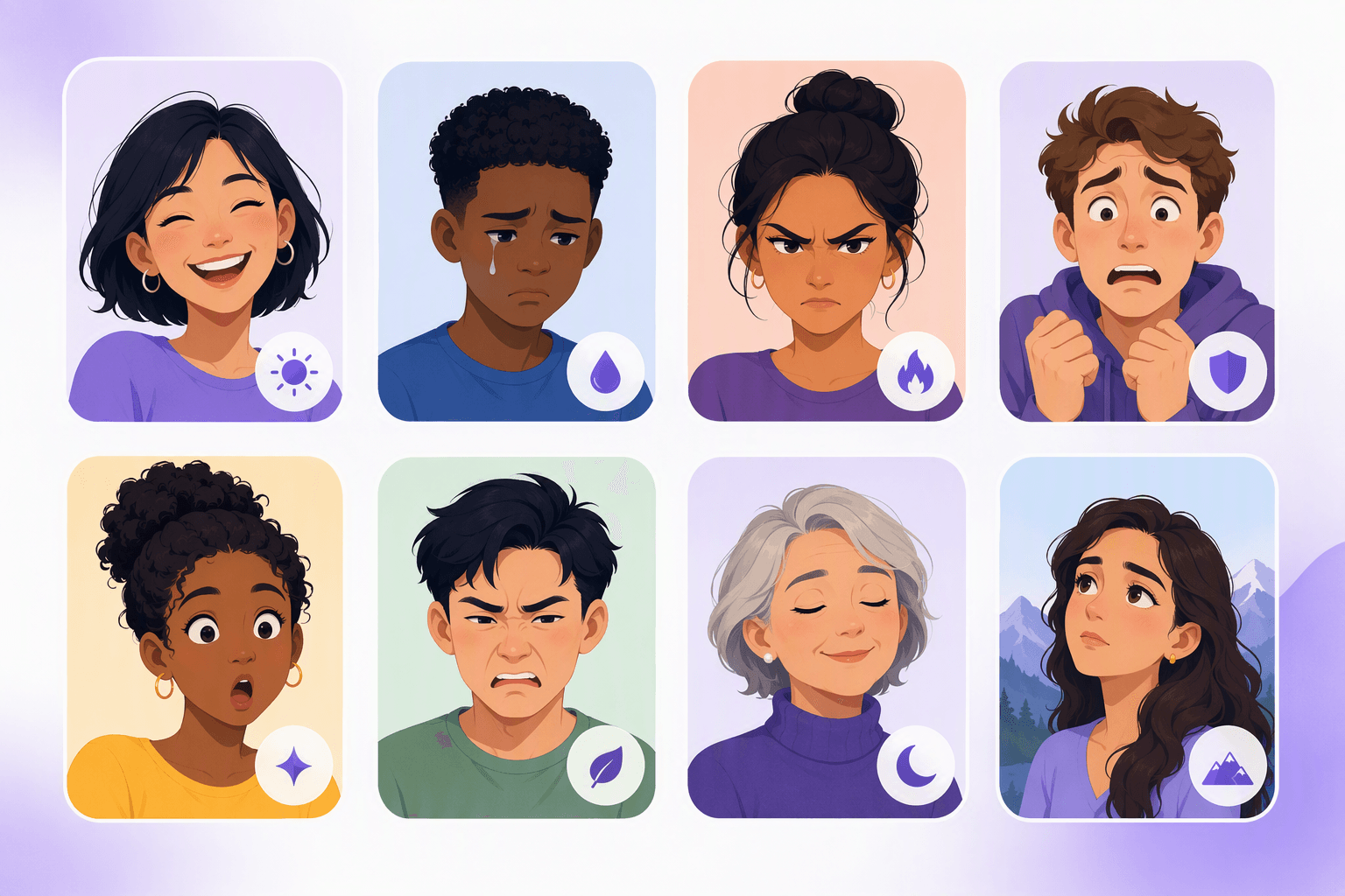 A grid of eight portraits showing joy, sadness, anger, fear, surprise, disgust, calm contentment and wistful longing, each paired with a small symbol