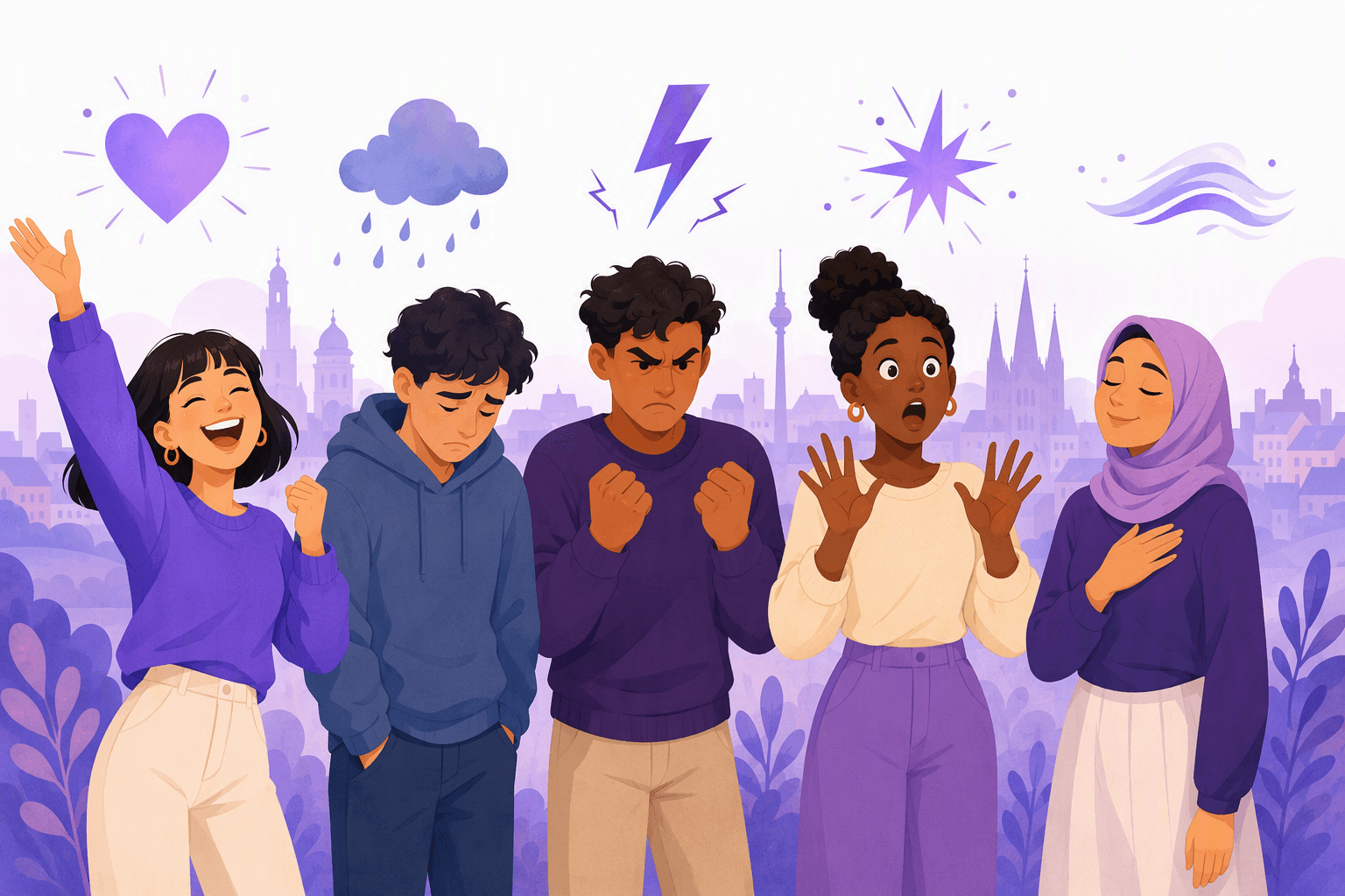 Five people side by side showing joy, sadness, anger, surprise and calm contentment, with emotion symbols floating above them and a German city skyline behind
